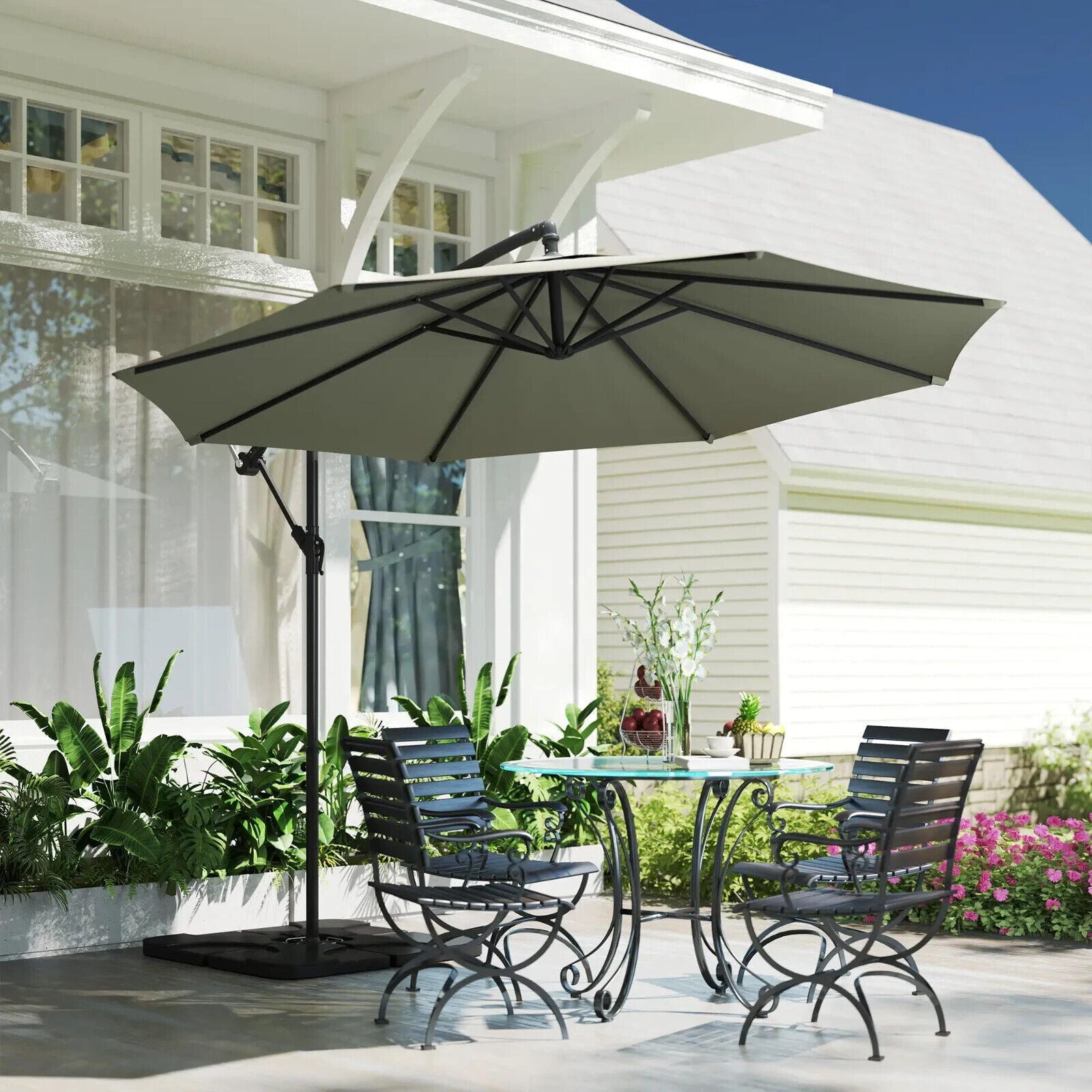 3 m Garden Banana Parasol Cantilever Umbrella with Crank Handle Base and Cover - Home and Garden Furniture Shop - #rustic - furniture#