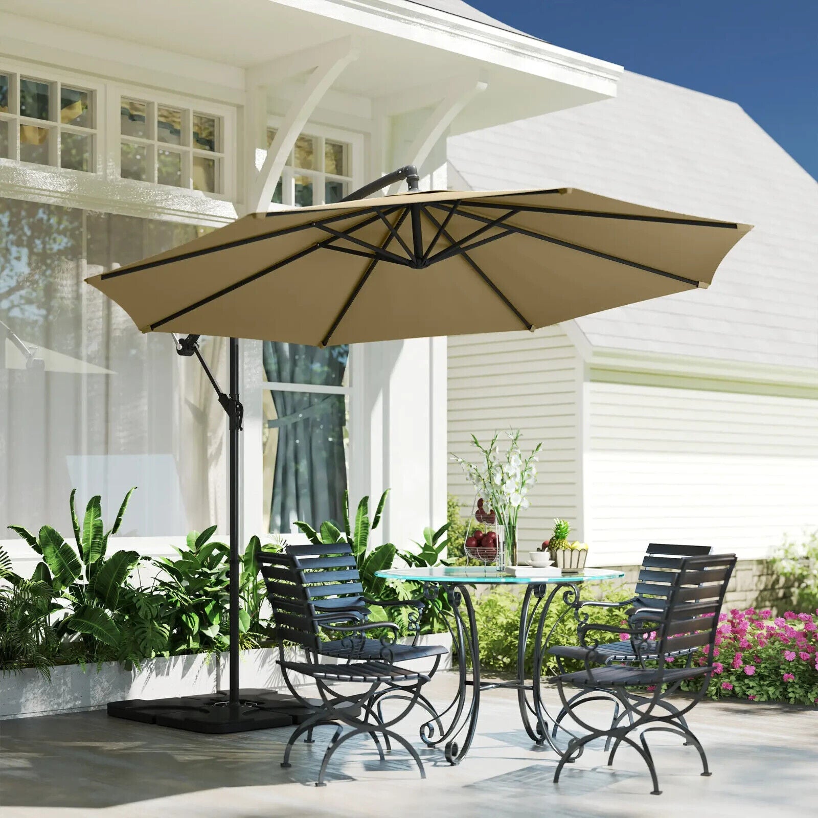 3 m Garden Banana Parasol Cantilever Umbrella with Crank Handle Base and Cover - Home and Garden Furniture Shop - #rustic - furniture#