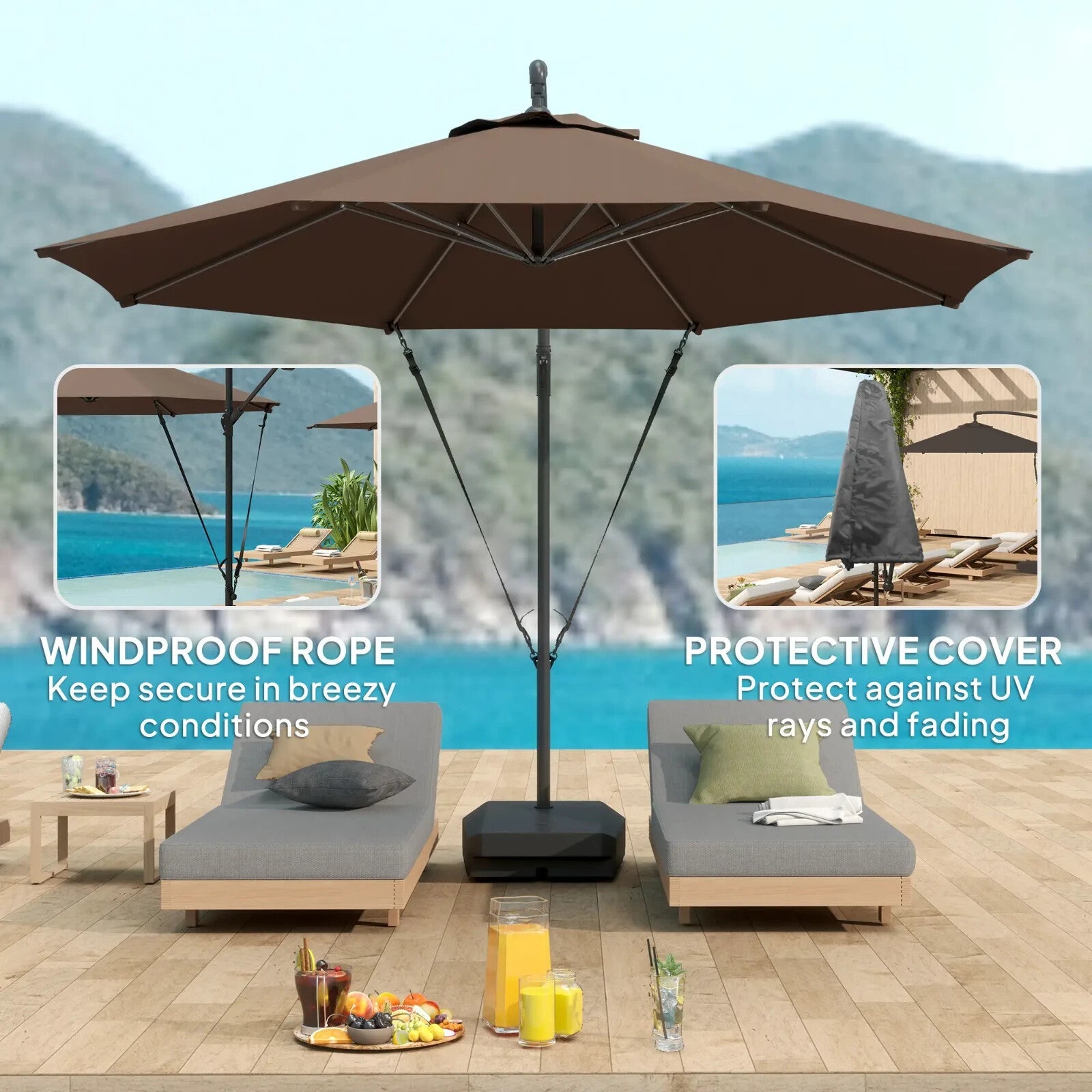 3 m Garden Cantilever Parasol Fillable Base Wind Strap Cover Hanging Umbrella - Home and Garden Furniture Shop - rustic - furniture