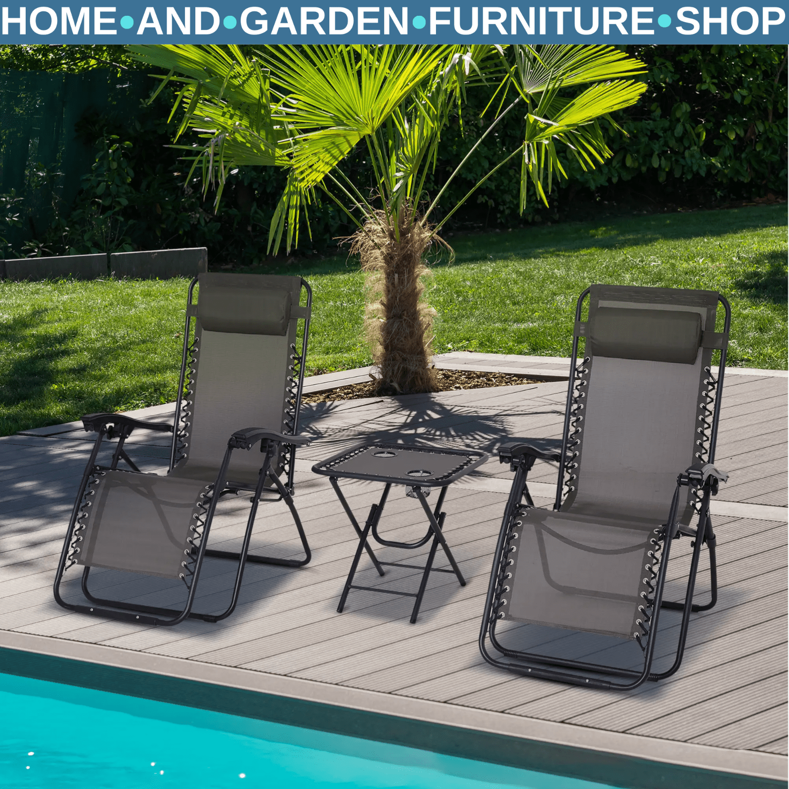 3 pcs Zero Gravity Chairs Lounger with Side Table Outdoor Steel Frame Dark Grey - Home and Garden Furniture Shop - #rustic - furniture#