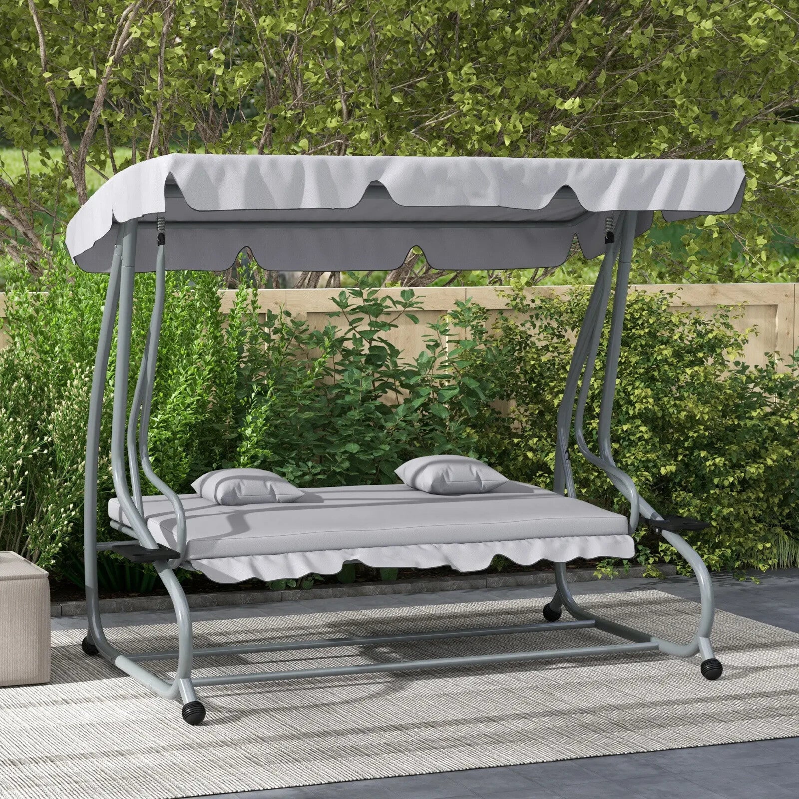 3 Person Garden Swing Chair Bench Convertible Day Bed Adjustable Sun Canopy Grey - Home and Garden Furniture Shop - rustic - furniture