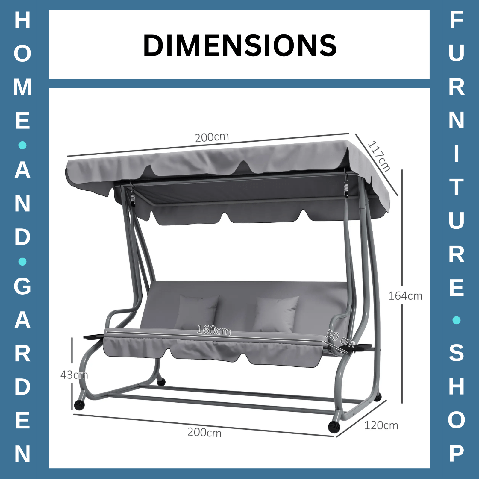 3 Person Garden Swing Chair Bench Convertible Day Bed Adjustable Sun Canopy Grey - Home and Garden Furniture Shop - rustic - furniture