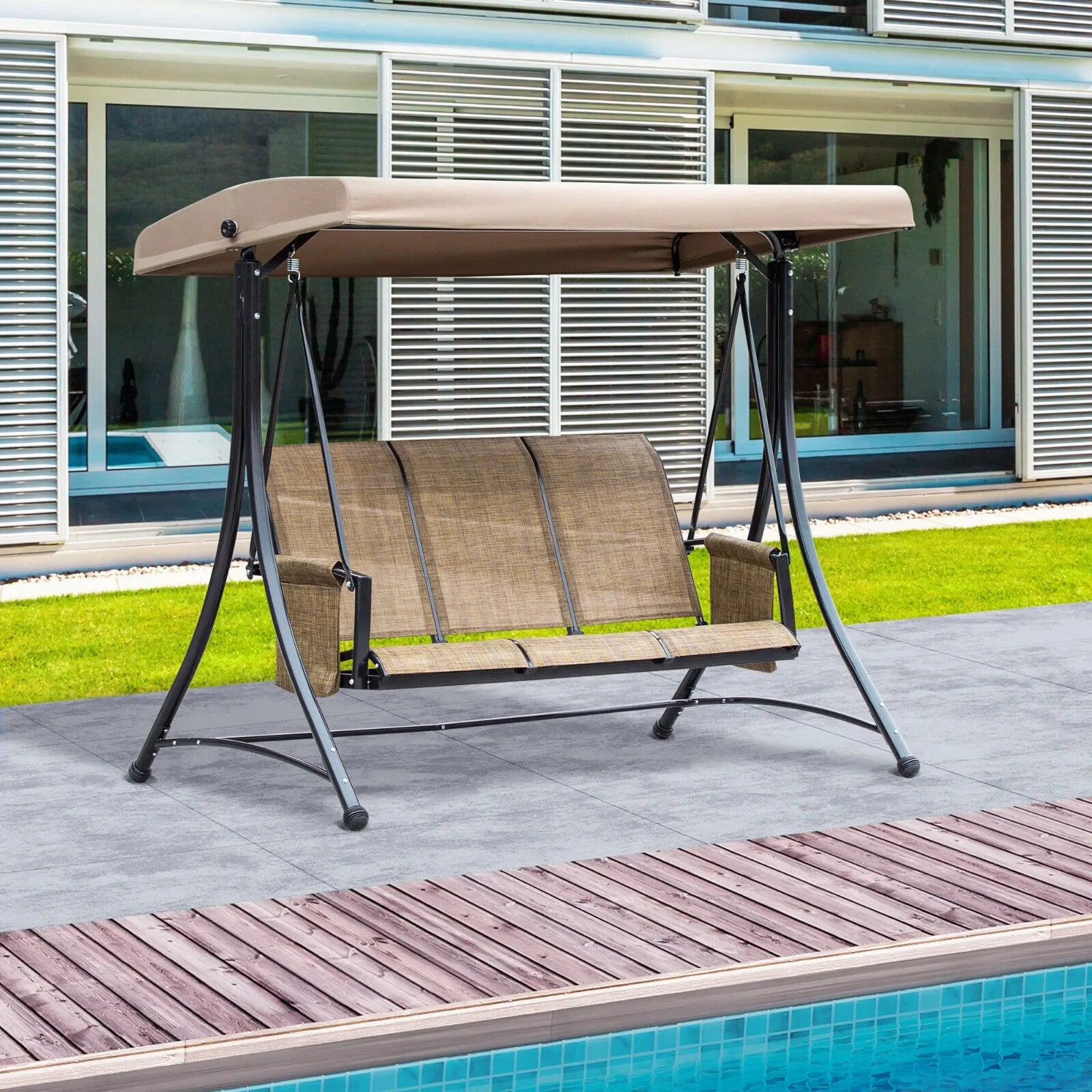 3 Person Outdoor Swing Chair with High Back Side Pockets and Adjustable Canopy - Home and Garden Furniture Shop - rustic - furniture