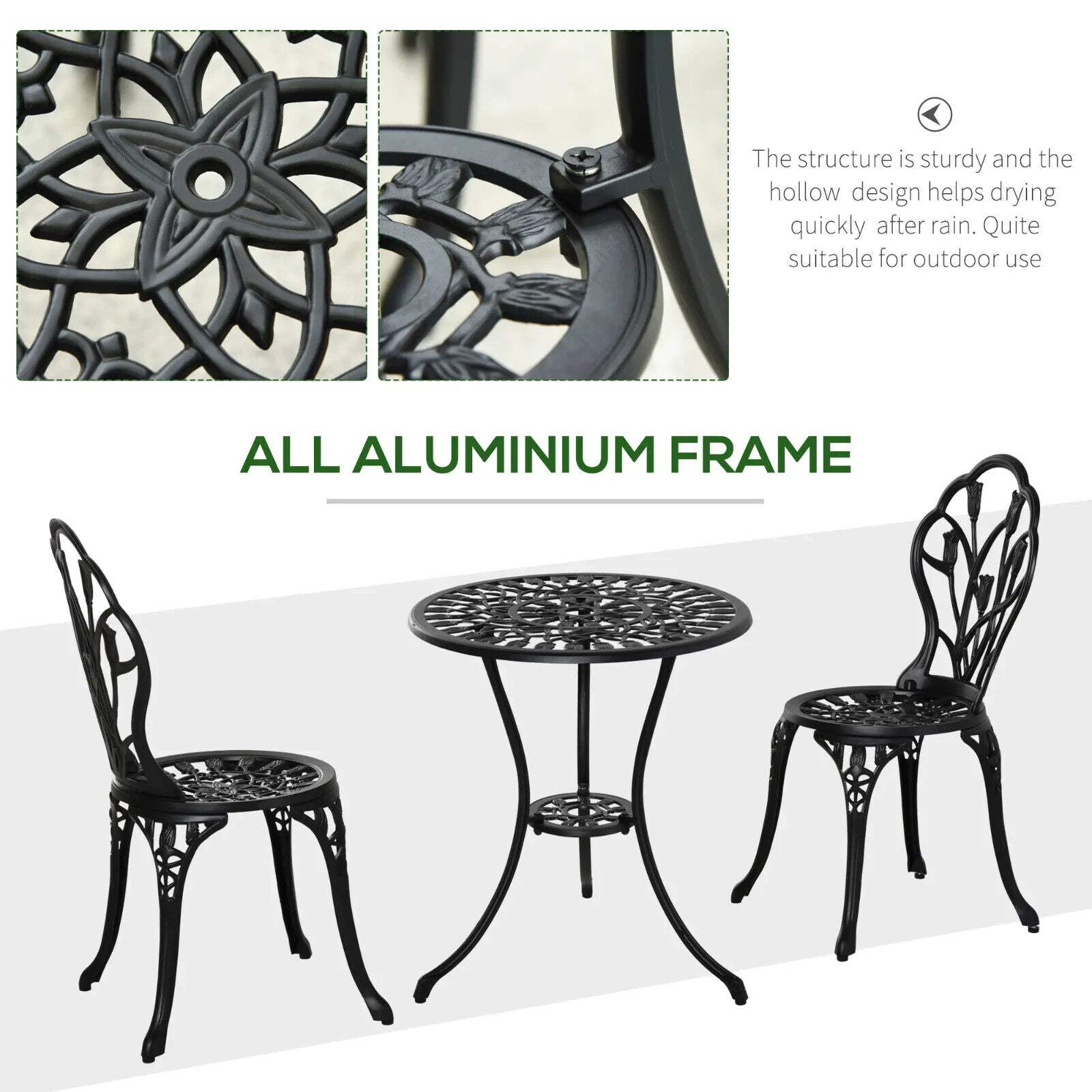 3 Piece Aluminium Bistro Set Garden Patio Table & Chair with Umbrella Hole Black - Home and Garden Furniture Shop - #rustic - furniture#