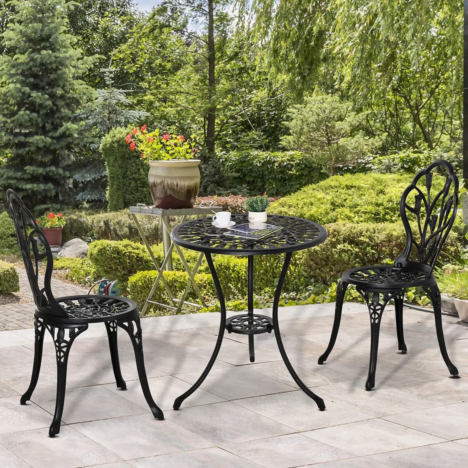 3 Piece Aluminium Bistro Set Garden Patio Table & Chair with Umbrella Hole Black - Home and Garden Furniture Shop - #rustic - furniture#