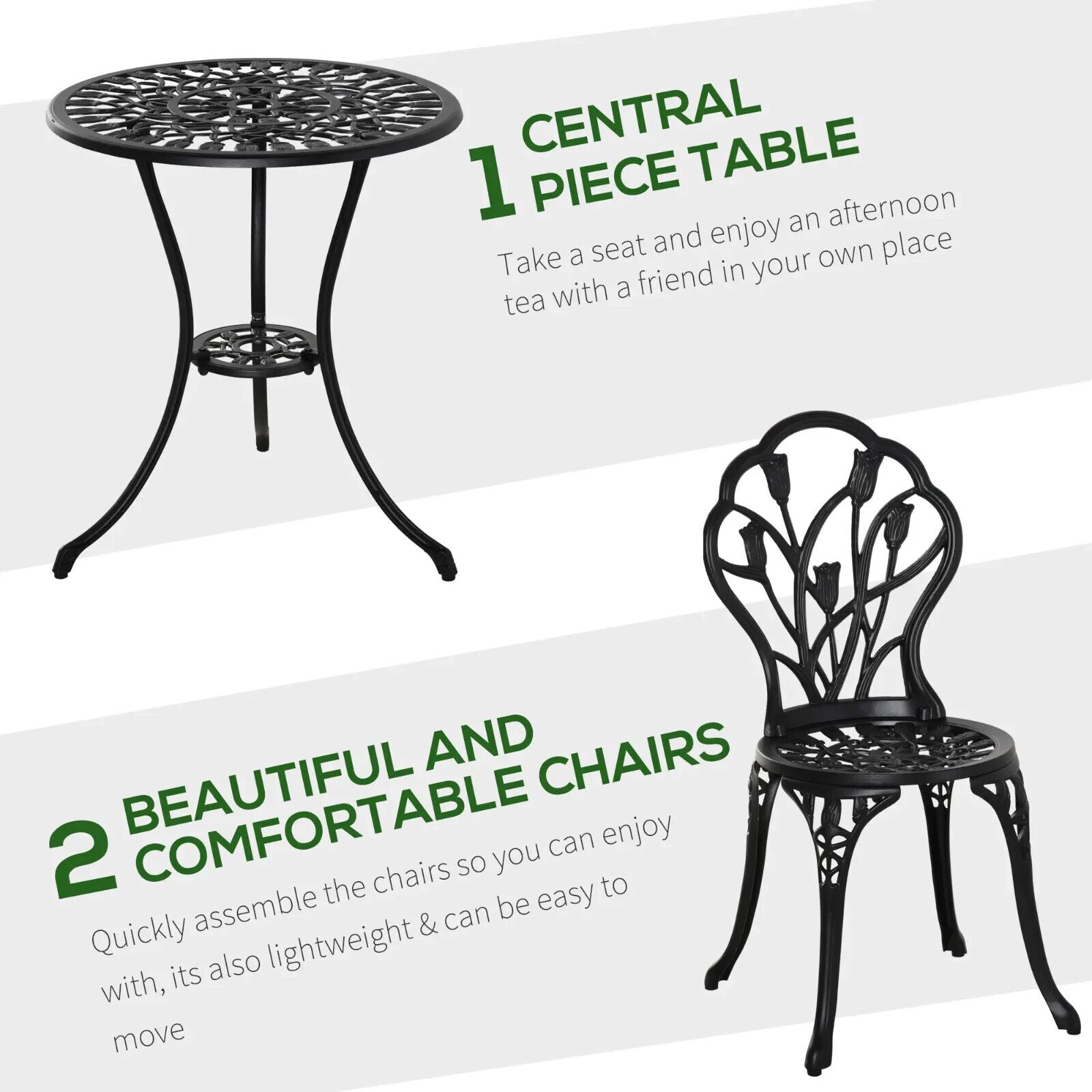 3 Piece Aluminium Bistro Set Garden Patio Table & Chair with Umbrella Hole Black - Home and Garden Furniture Shop - #rustic - furniture#
