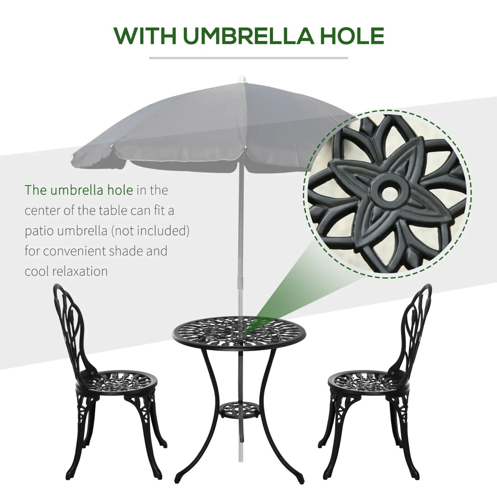 3 Piece Aluminium Bistro Set Garden Patio Table & Chair with Umbrella Hole Black - Home and Garden Furniture Shop - #rustic - furniture#