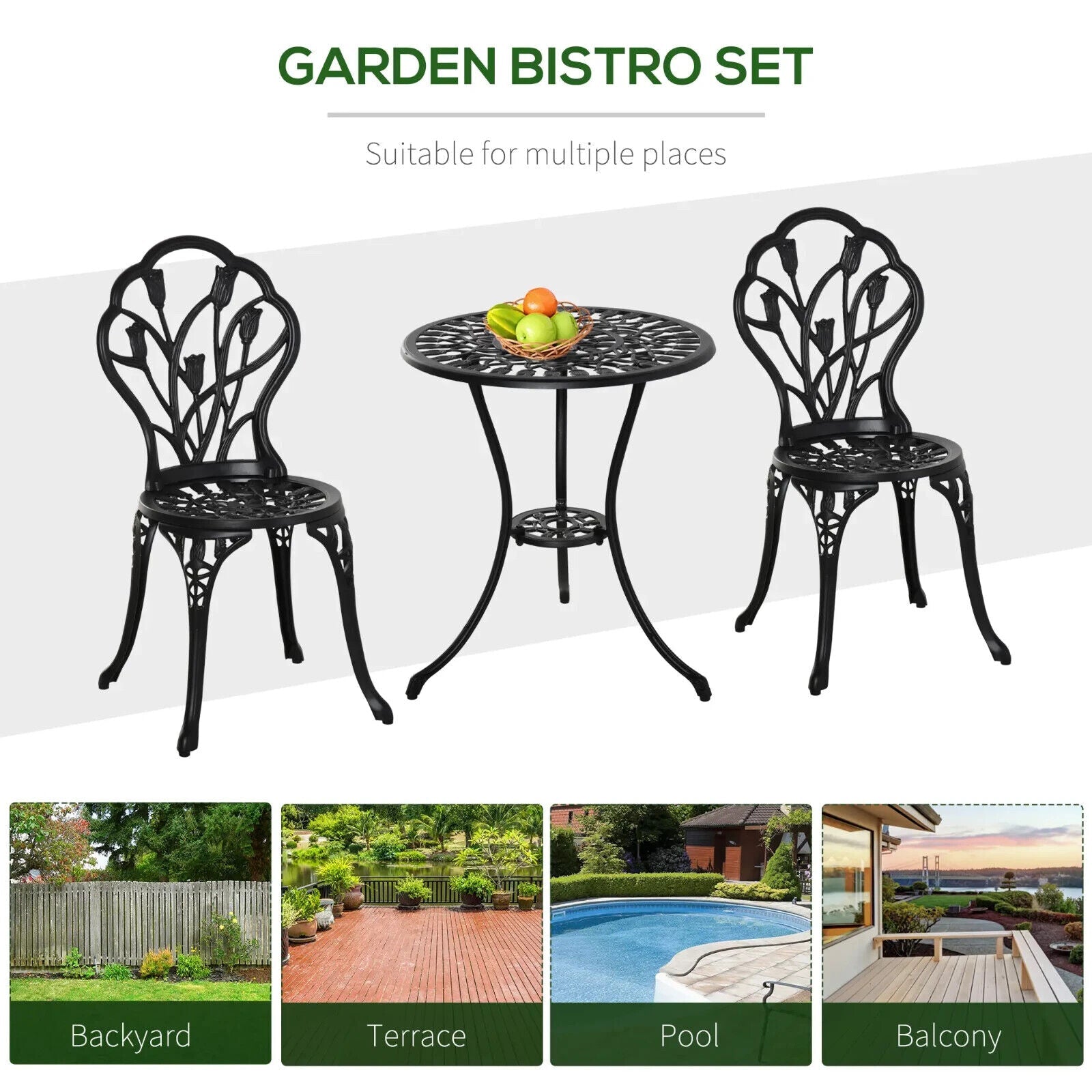 3 Piece Aluminium Bistro Set Garden Patio Table & Chair with Umbrella Hole Black - Home and Garden Furniture Shop - #rustic - furniture#