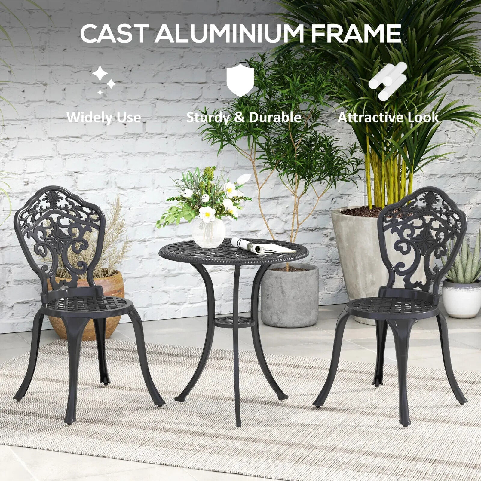 3 Piece Aluminium Garden Bistro Set with Parasol Hole and 2 Chairs & Table Black - Home and Garden Furniture Shop - #rustic - furniture#