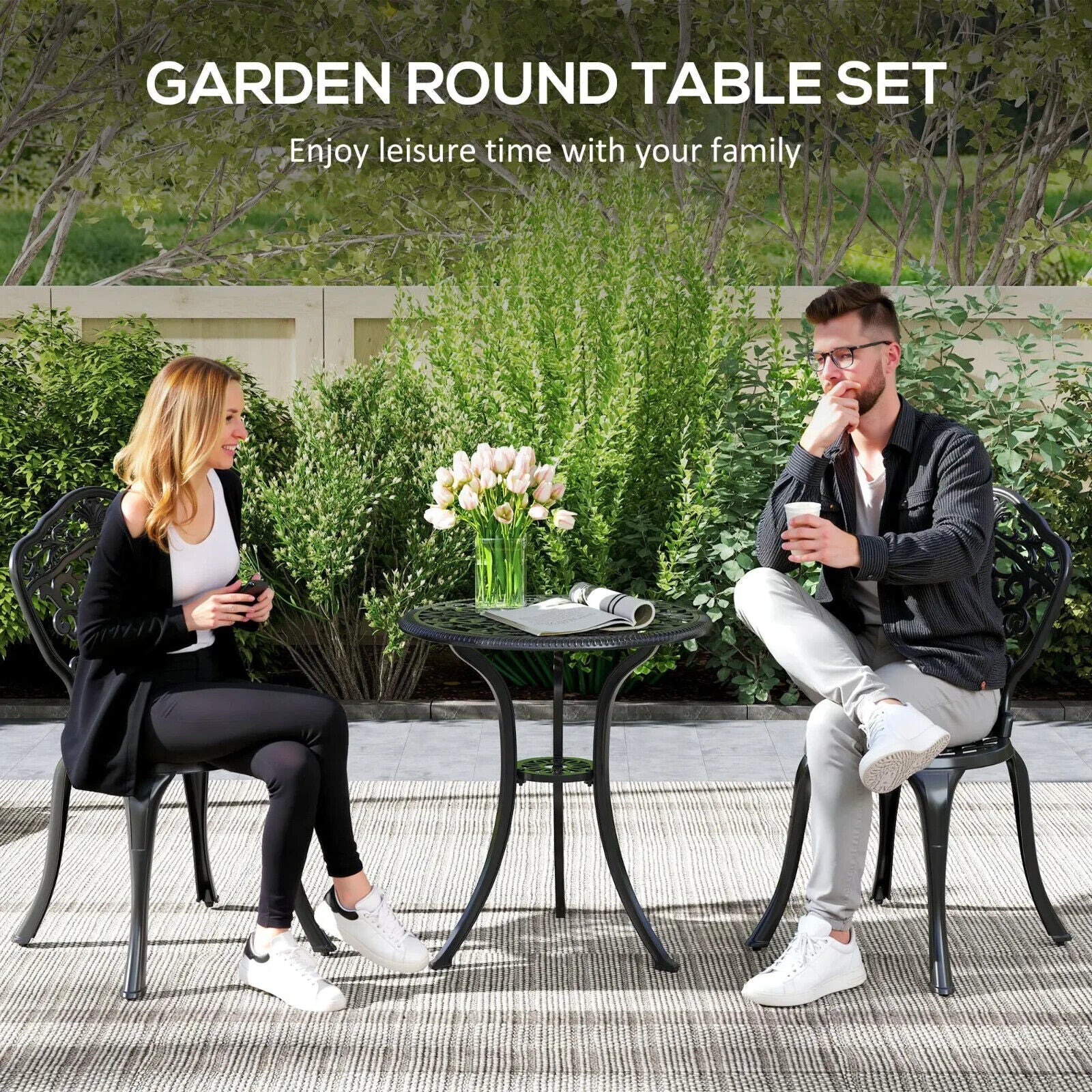 3 Piece Aluminium Garden Bistro Set with Parasol Hole and 2 Chairs & Table Black - Home and Garden Furniture Shop - #rustic - furniture#