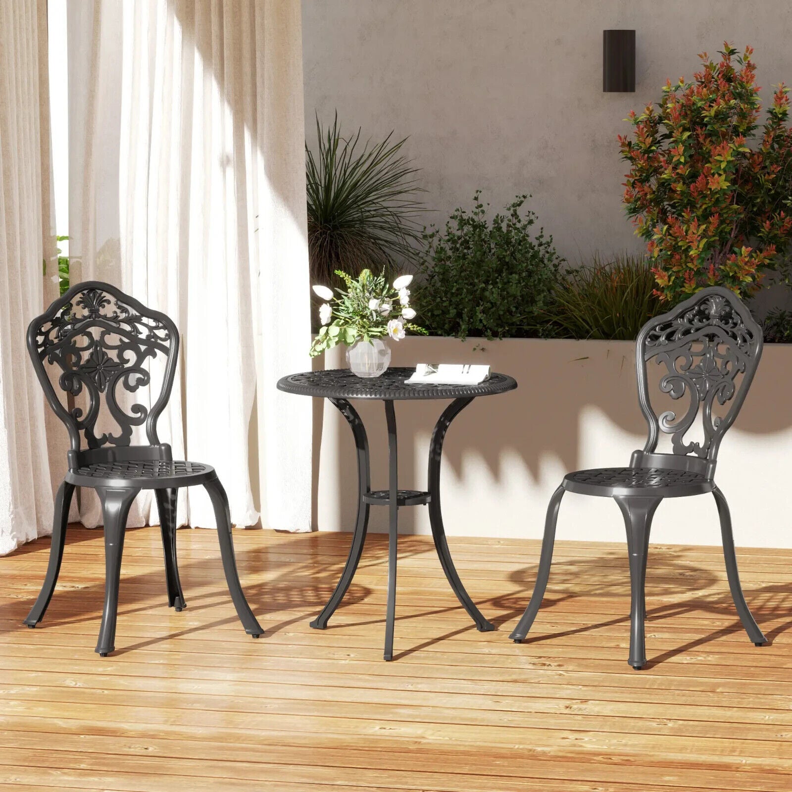 3 Piece Aluminium Garden Bistro Set with Parasol Hole and 2 Chairs & Table Black - Home and Garden Furniture Shop - #rustic - furniture#