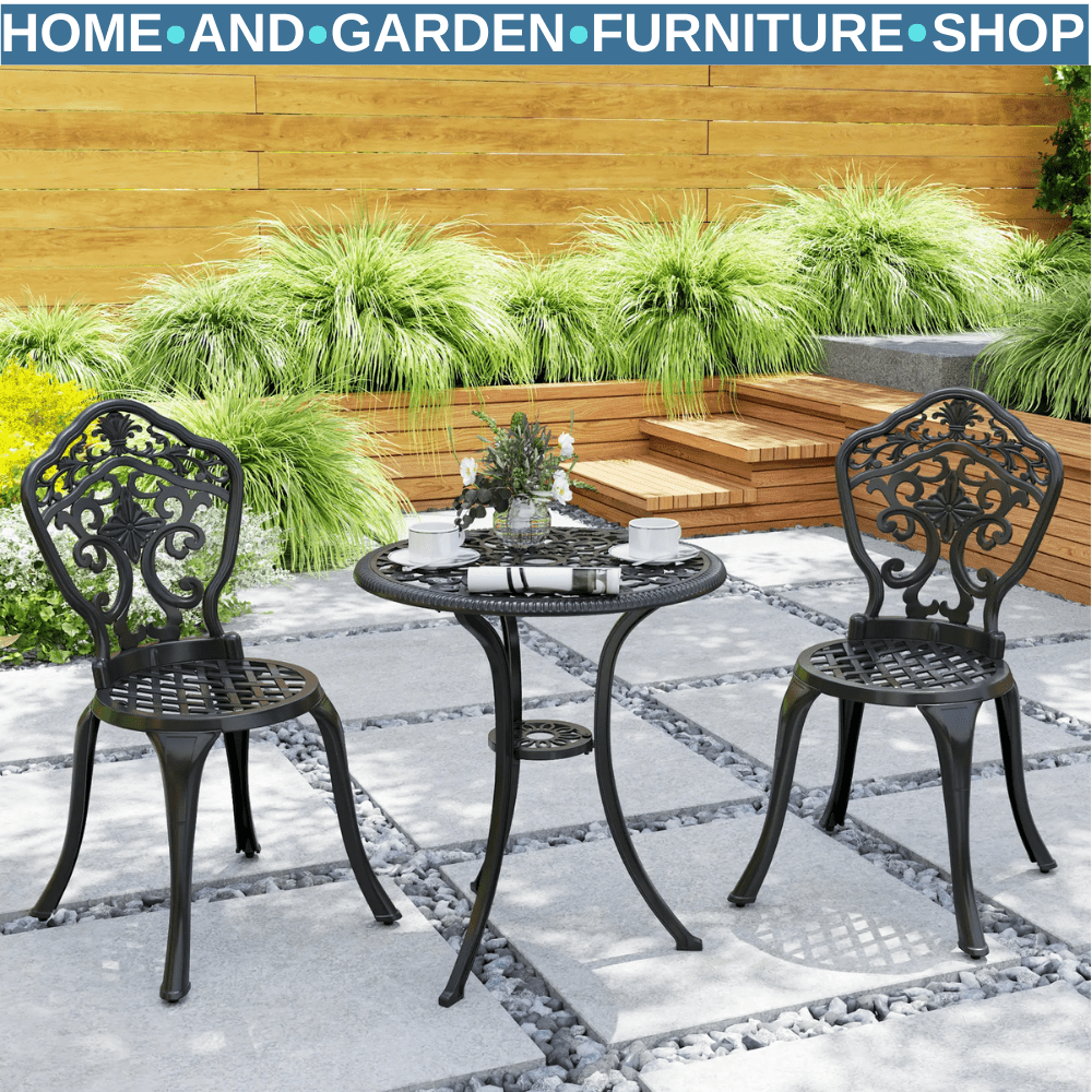 3 Piece Aluminium Garden Bistro Set with Parasol Hole and 2 Chairs & Table Black - Home and Garden Furniture Shop - #rustic - furniture#