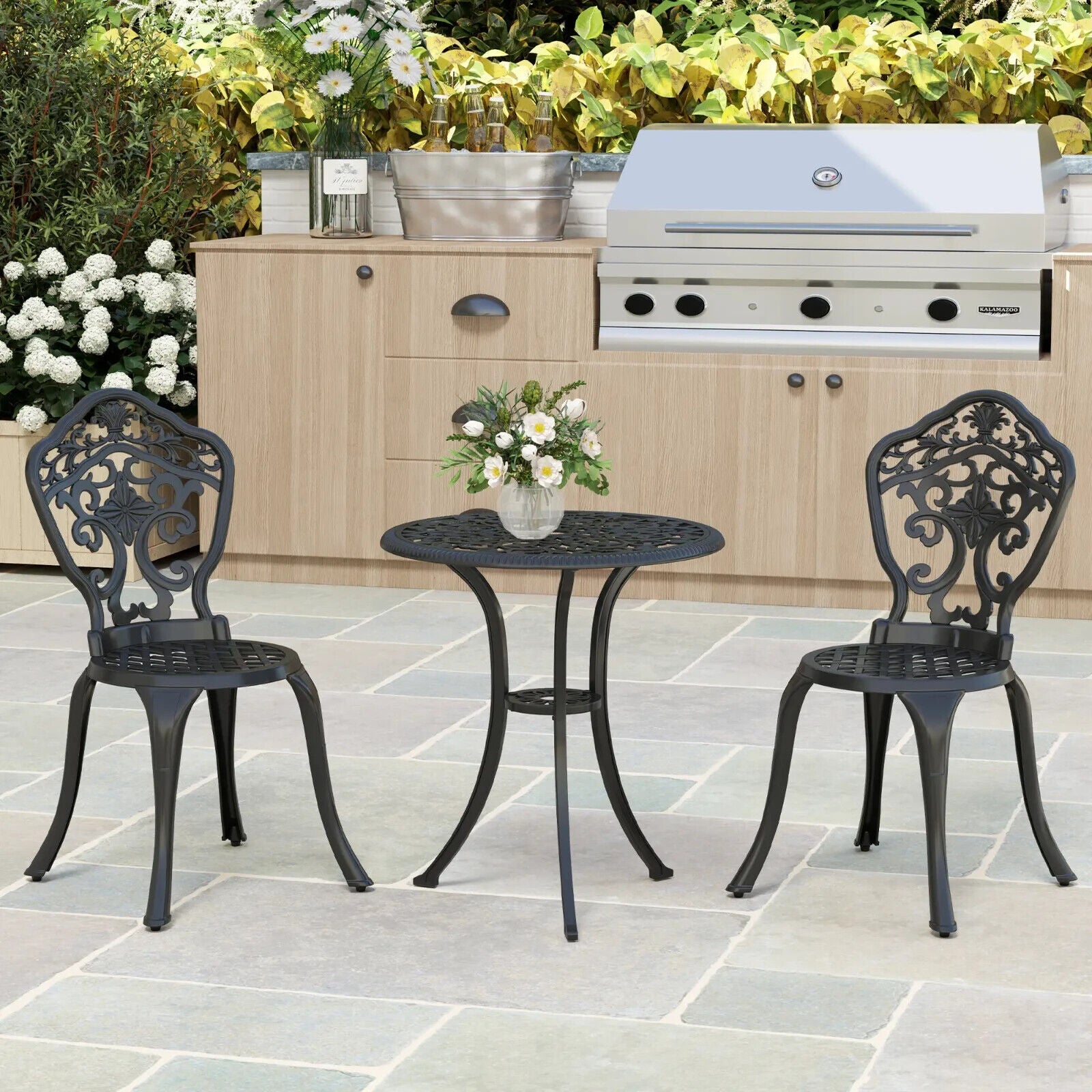 3 Piece Aluminium Garden Bistro Set with Parasol Hole and 2 Chairs & Table Black - Home and Garden Furniture Shop - #rustic - furniture#