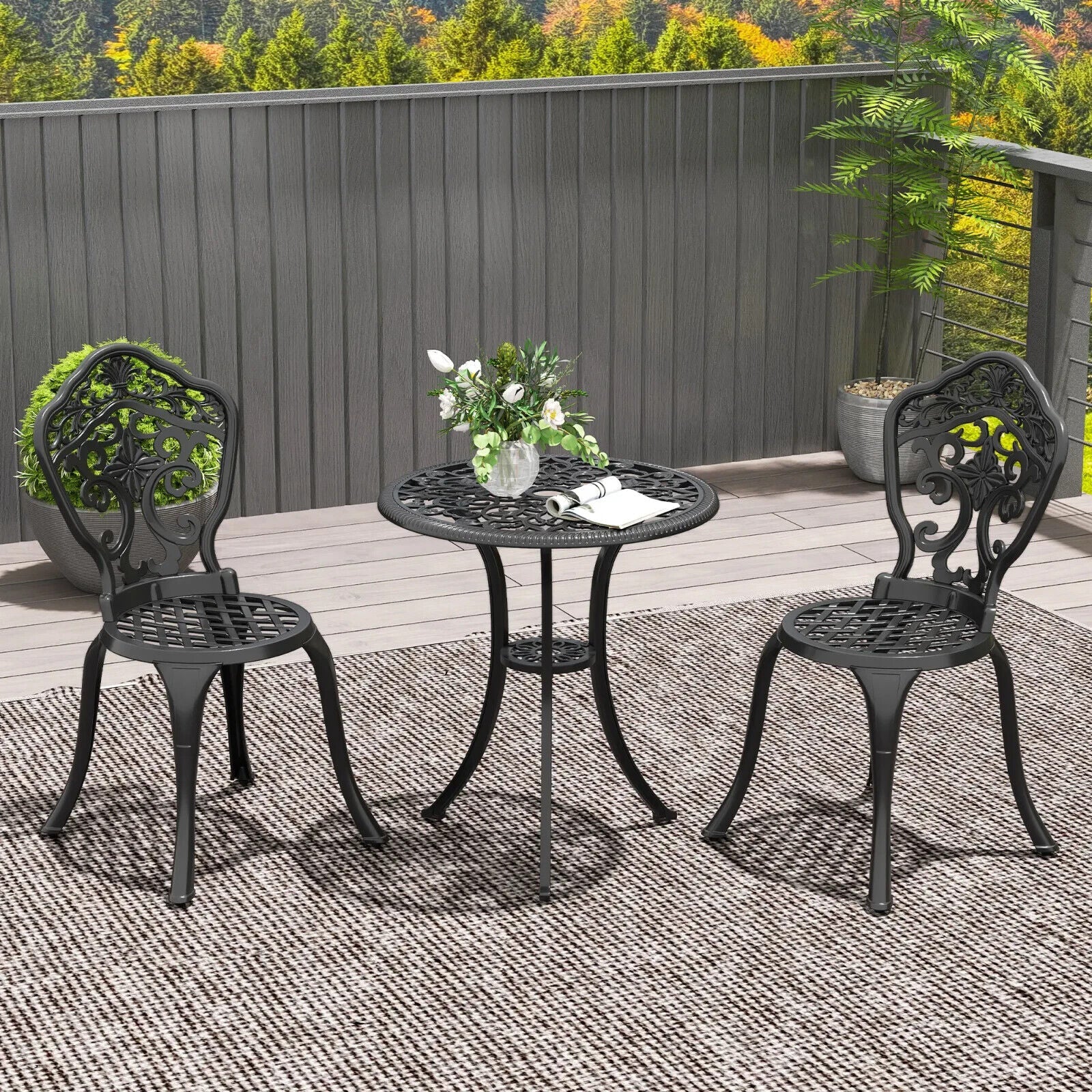 3 Piece Aluminium Garden Bistro Set with Parasol Hole and 2 Chairs & Table Black - Home and Garden Furniture Shop - #rustic - furniture#