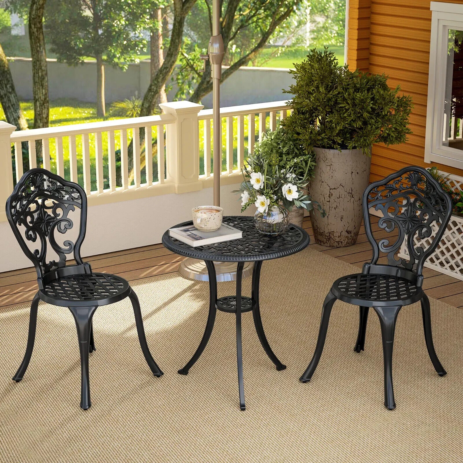 3 Piece Aluminium Garden Bistro Set with Parasol Hole and 2 Chairs & Table Black - Home and Garden Furniture Shop - #rustic - furniture#