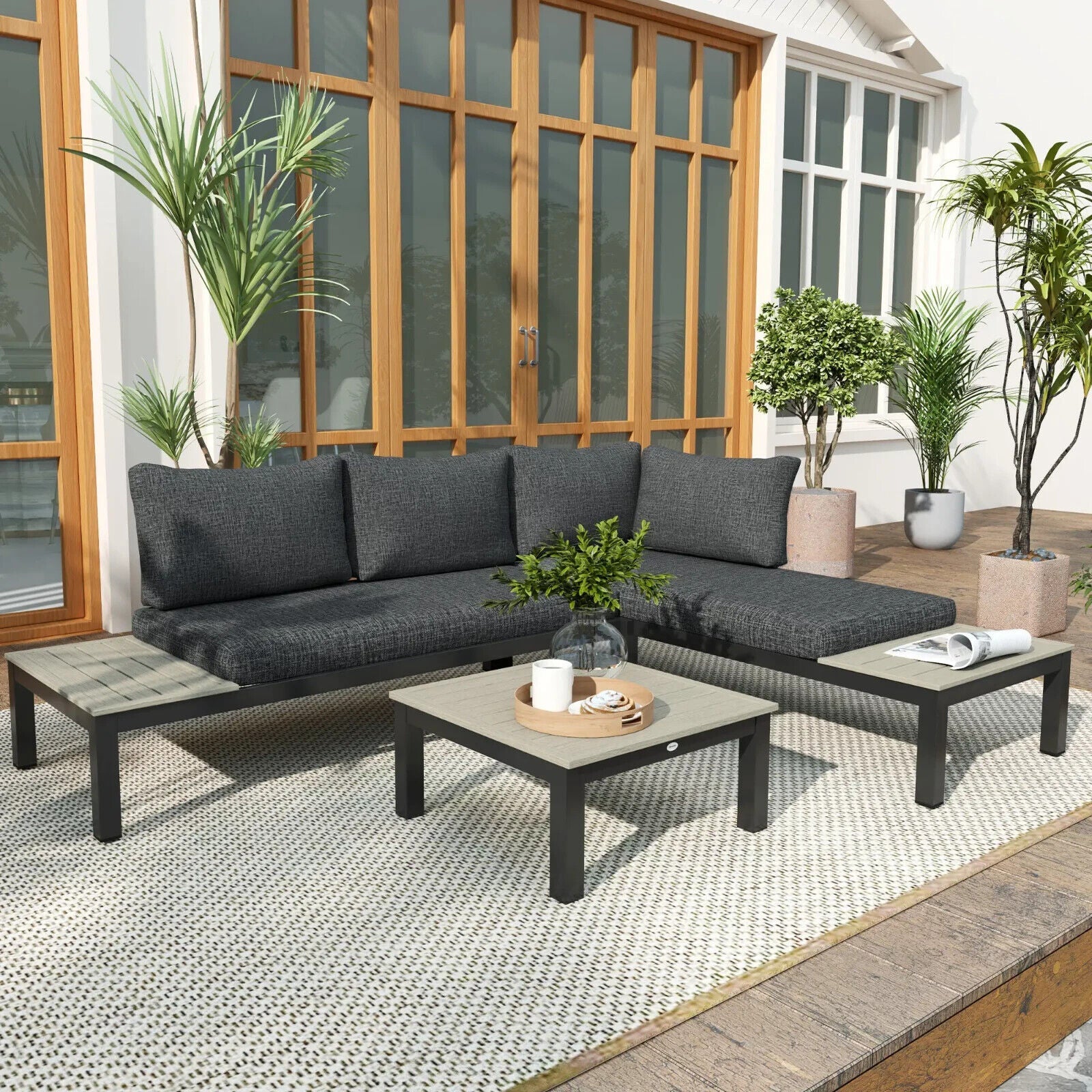 3 Piece Aluminium Garden Corner Sofa Set w/ 2 Loveseats and Coffee Table Outdoor - Home and Garden Furniture Shop - #rustic - furniture#