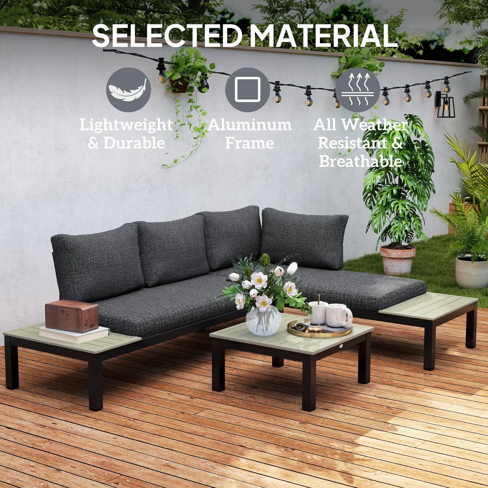 3 Piece Aluminium Garden Corner Sofa Set w/ 2 Loveseats and Coffee Table Outdoor - Home and Garden Furniture Shop - #rustic - furniture#