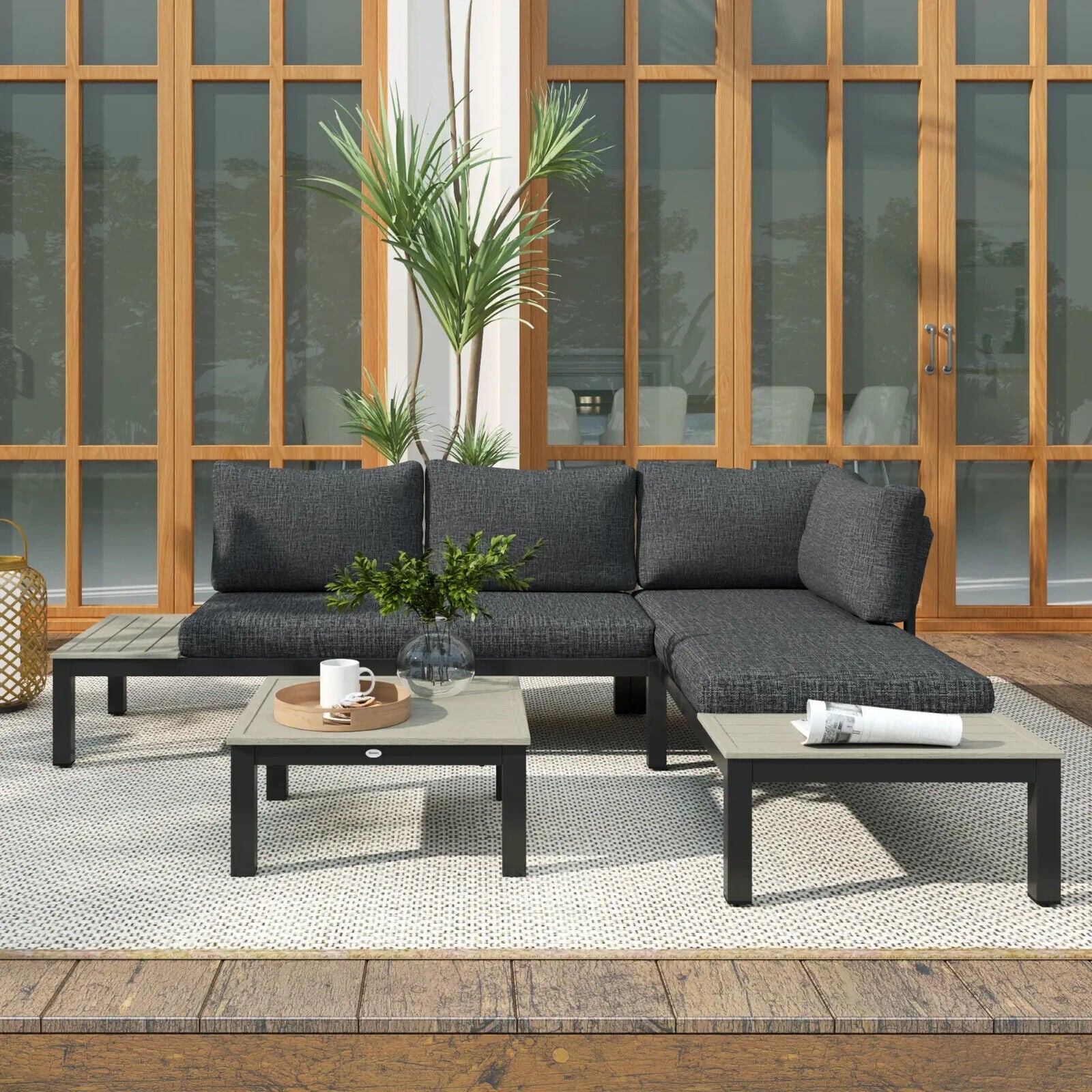 3 Piece Aluminium Garden Corner Sofa Set w/ 2 Loveseats and Coffee Table Outdoor - Home and Garden Furniture Shop - #rustic - furniture#