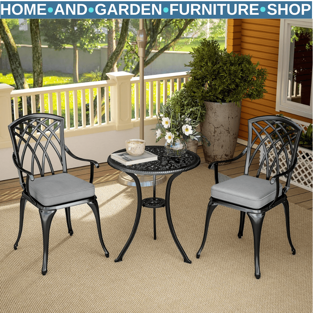 3 Piece Cast Aluminium Bistro Set Garden Table & Chairs with Parasol Hole Black - Home and Garden Furniture Shop - #rustic - furniture#