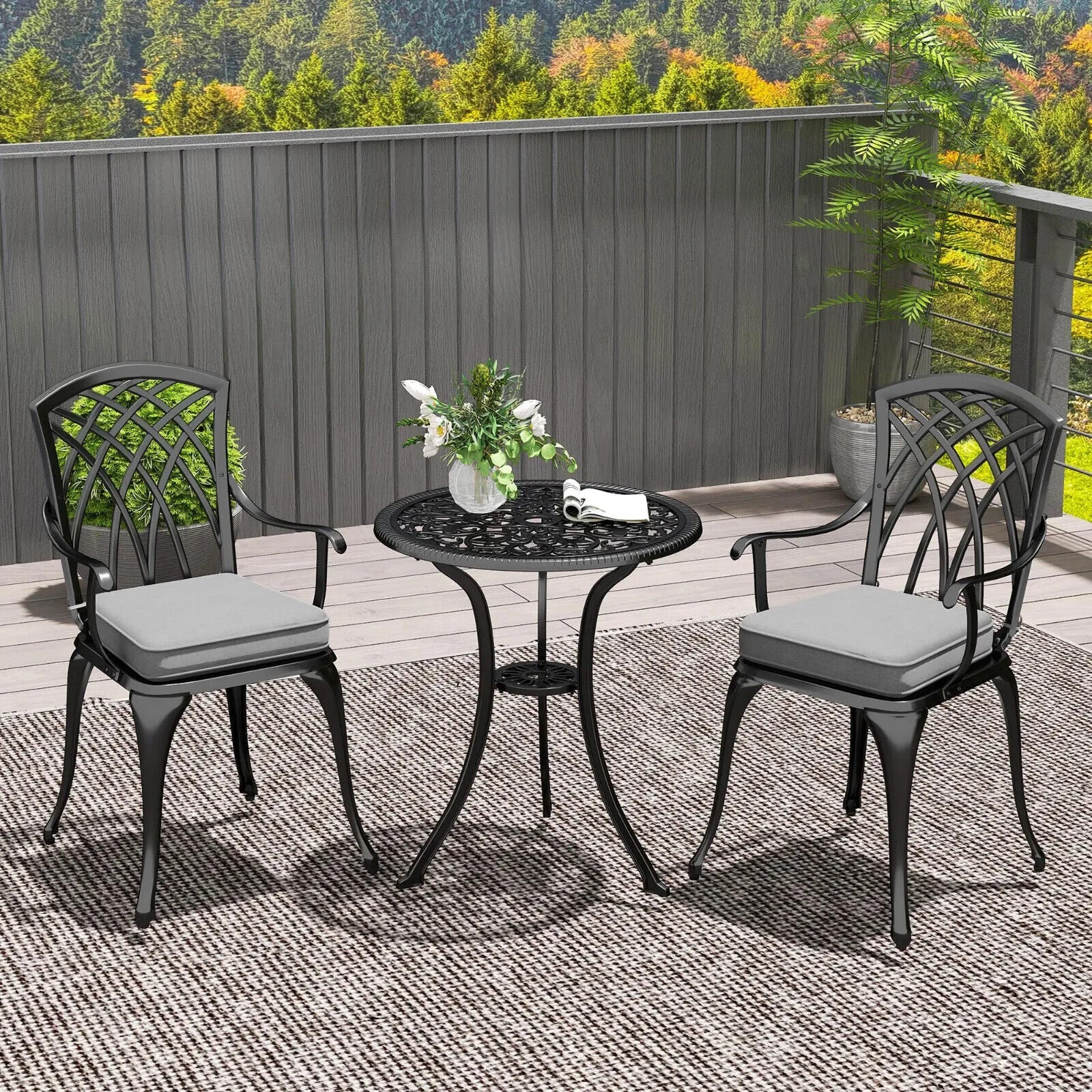 3 Piece Cast Aluminium Bistro Set Garden Table & Chairs with Parasol Hole Black - Home and Garden Furniture Shop - #rustic - furniture#
