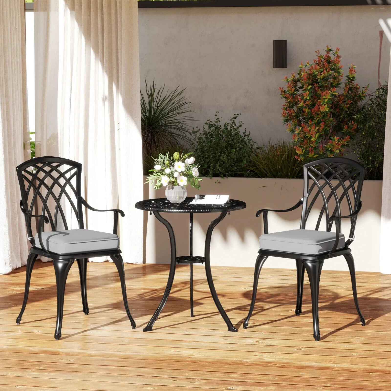 3 Piece Cast Aluminium Bistro Set Garden Table & Chairs with Parasol Hole Black - Home and Garden Furniture Shop - #rustic - furniture#