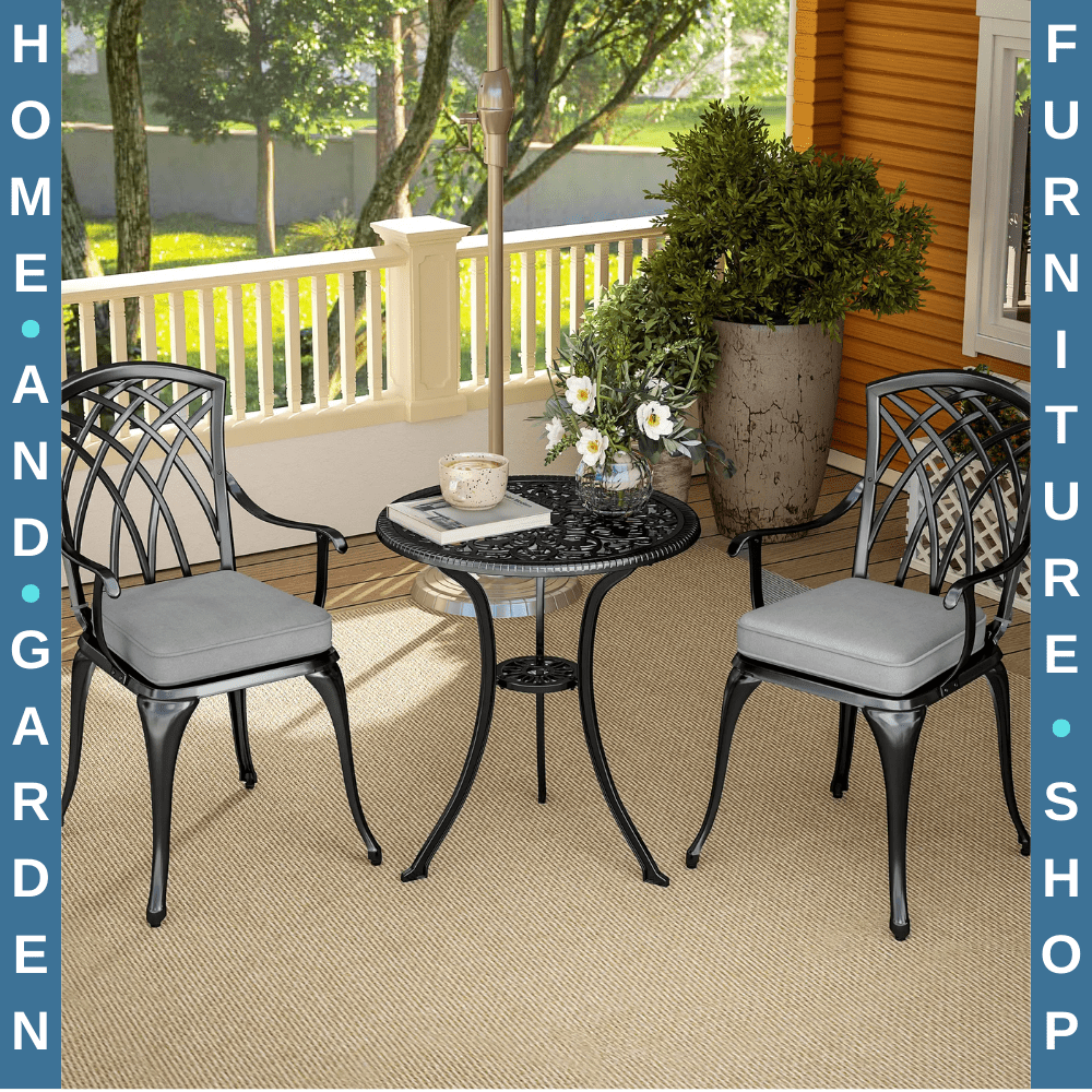 3 Piece Cast Aluminium Bistro Set Garden Table & Chairs with Parasol Hole Black - Home and Garden Furniture Shop - #rustic - furniture#