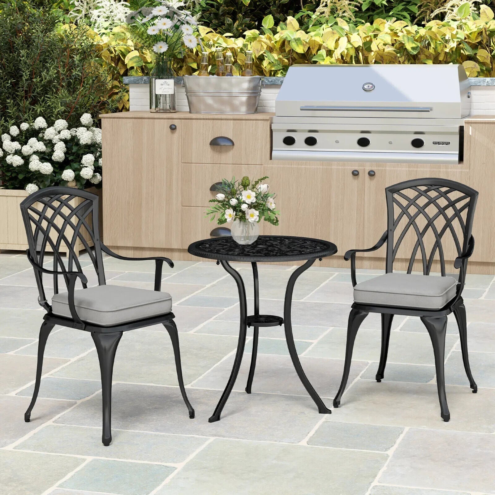 3 Piece Cast Aluminium Bistro Set Garden Table & Chairs with Parasol Hole Black - Home and Garden Furniture Shop - #rustic - furniture#