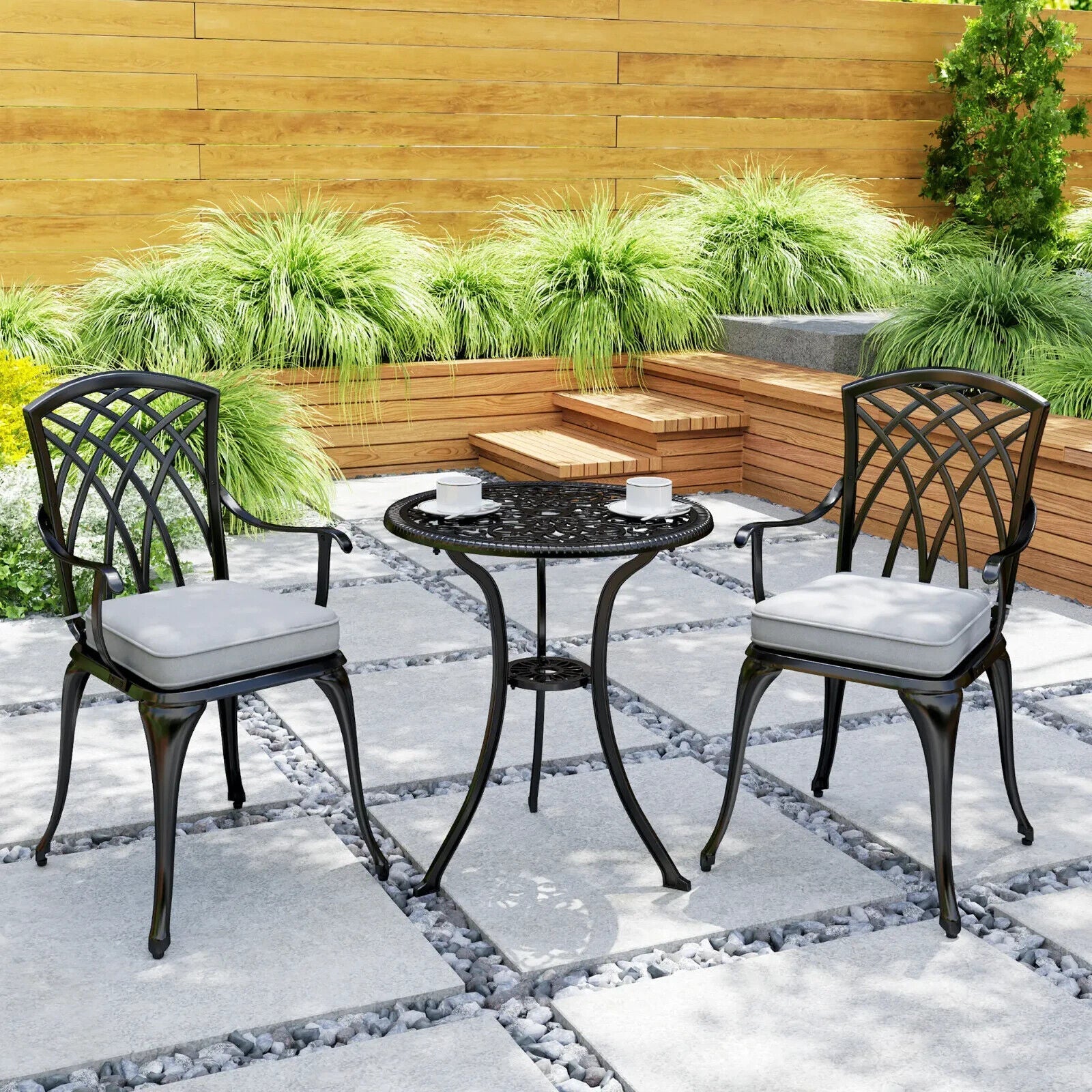 3 Piece Cast Aluminium Bistro Set Garden Table & Chairs with Parasol Hole Black - Home and Garden Furniture Shop - #rustic - furniture#