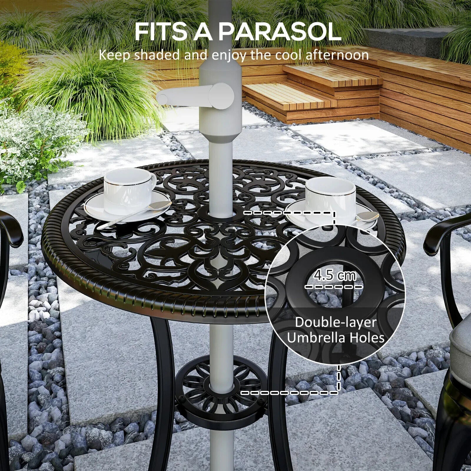 3 Piece Cast Aluminium Bistro Set Garden Table & Chairs with Parasol Hole Black - Home and Garden Furniture Shop - #rustic - furniture#