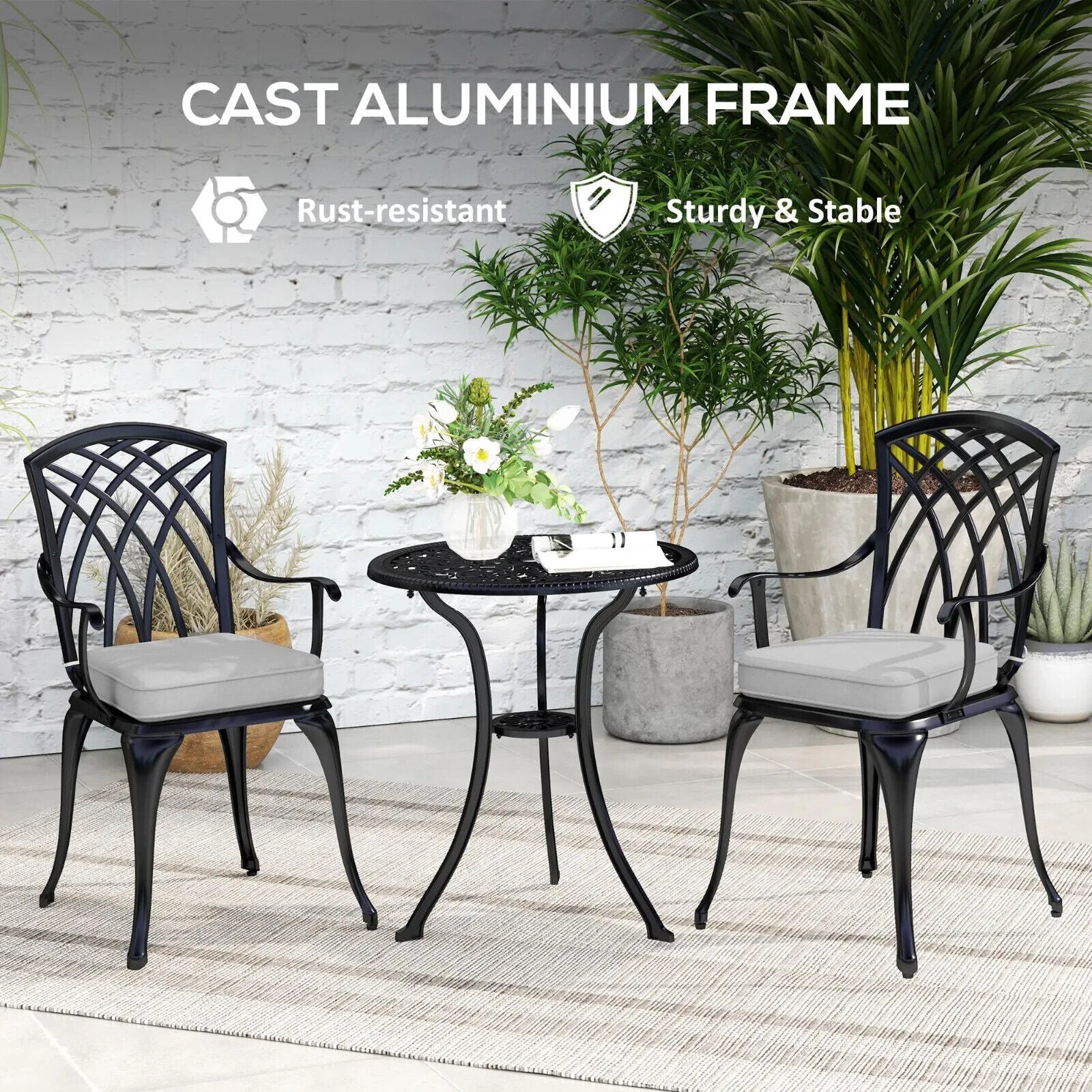 3 Piece Cast Aluminium Bistro Set Garden Table & Chairs with Parasol Hole Black - Home and Garden Furniture Shop - #rustic - furniture#