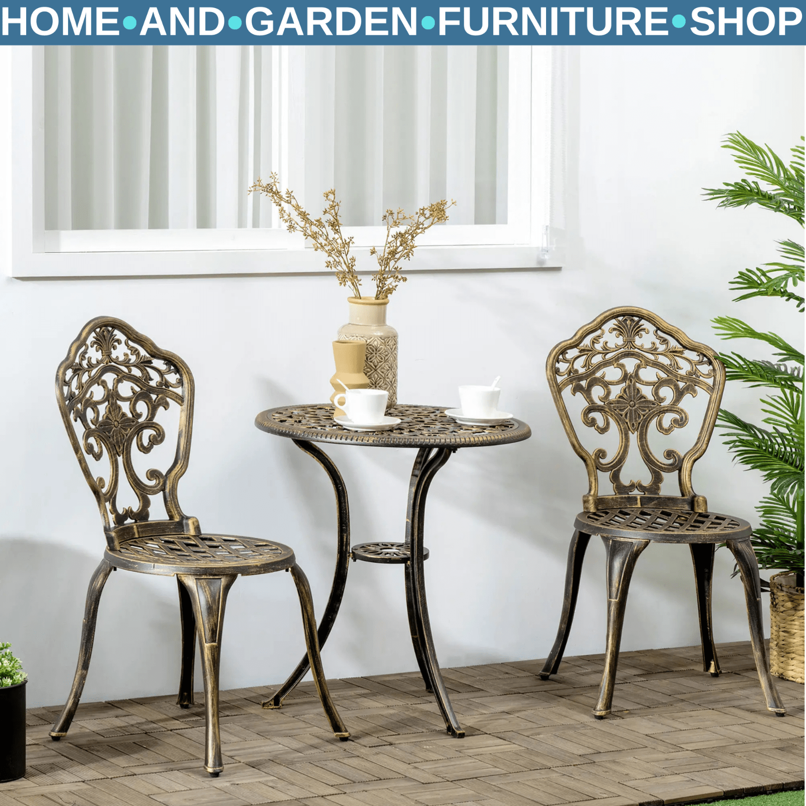 3 Piece Cast Aluminium Garden Bistro Set Outdoor Table Chair Parasol Hole Bronze - Home and Garden Furniture Shop - #rustic - furniture#