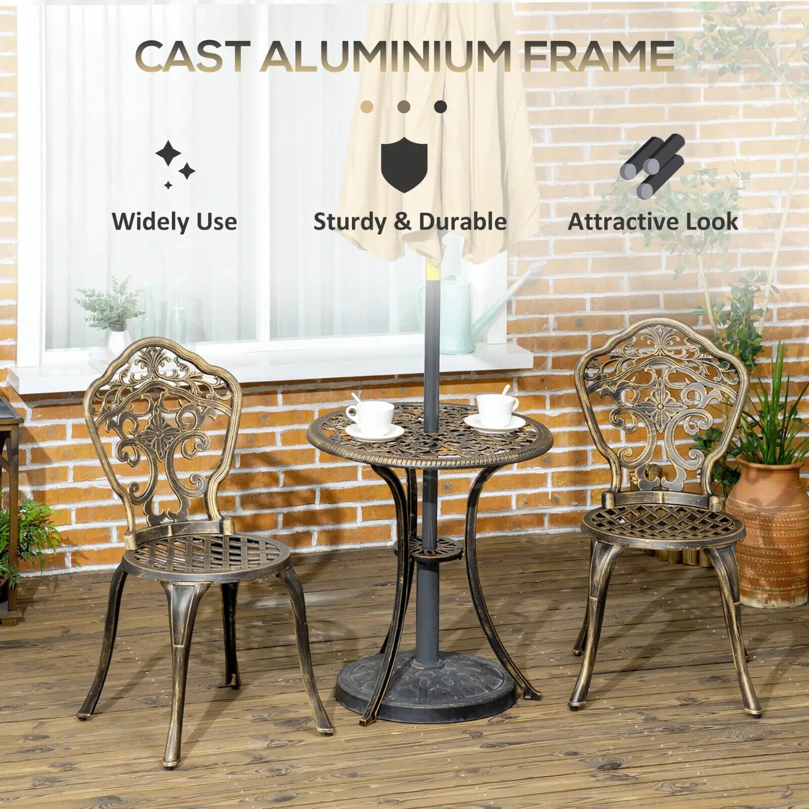 3 Piece Cast Aluminium Garden Bistro Set Outdoor Table Chair Parasol Hole Bronze - Home and Garden Furniture Shop - #rustic - furniture#