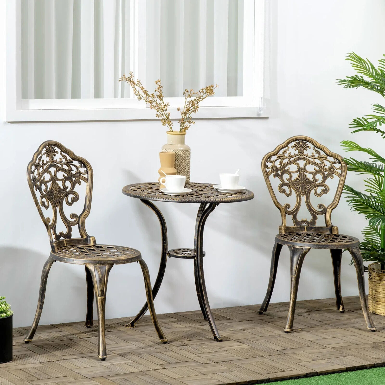 3 Piece Cast Aluminium Garden Bistro Set Outdoor Table Chair Parasol Hole Bronze - Home and Garden Furniture Shop - #rustic - furniture#