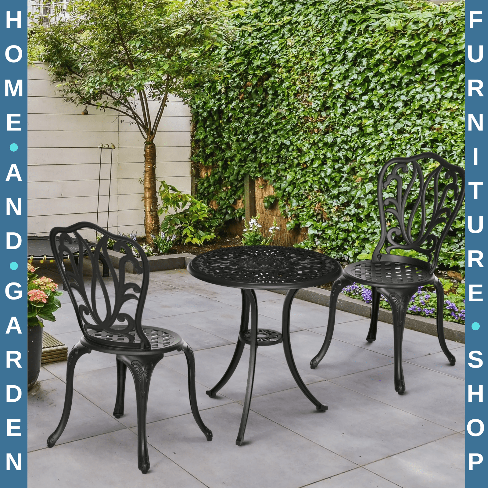 3 Piece Cast Aluminium Garden Bistro Set with Umbrella Hole Patio Balcony Black - Home and Garden Furniture Shop - #rustic - furniture#