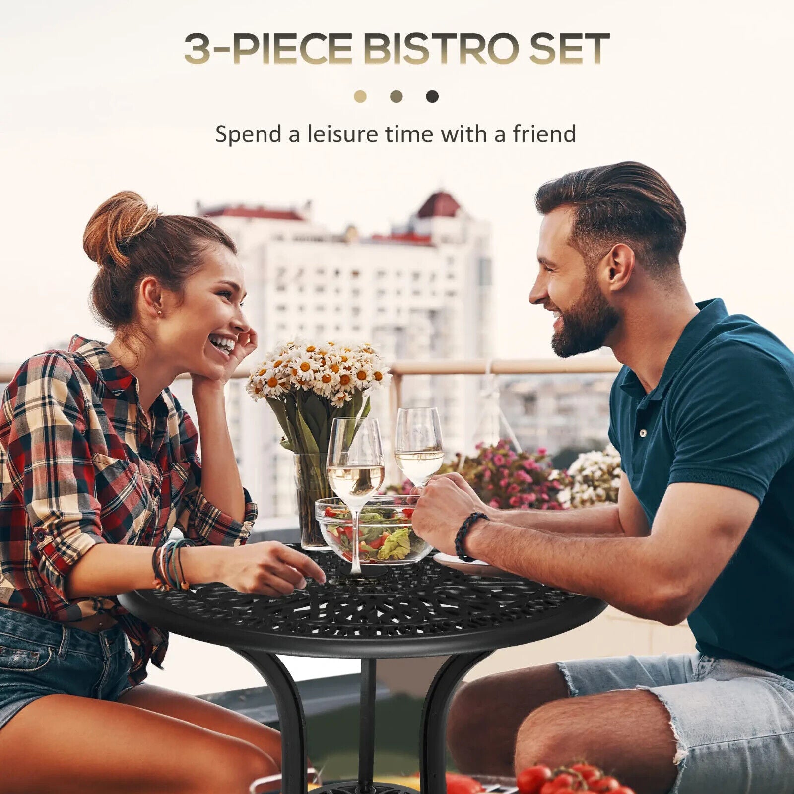 3 Piece Cast Aluminium Garden Bistro Set with Umbrella Hole Patio Balcony Black - Home and Garden Furniture Shop - #rustic - furniture#