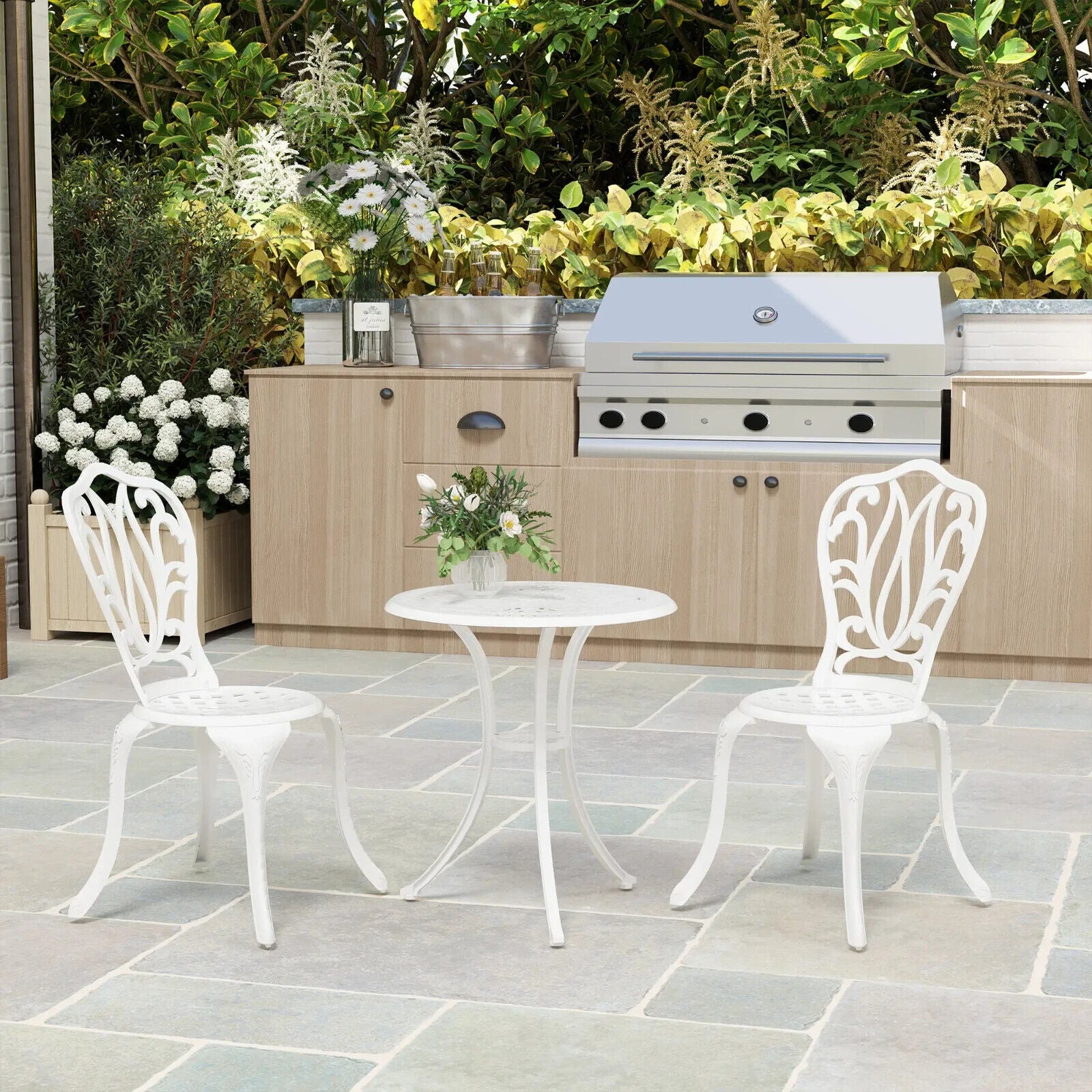 3 Piece Cast Aluminium Garden Bistro Set with Umbrella Hole Patio Balcony White - Home and Garden Furniture Shop - #rustic - furniture#