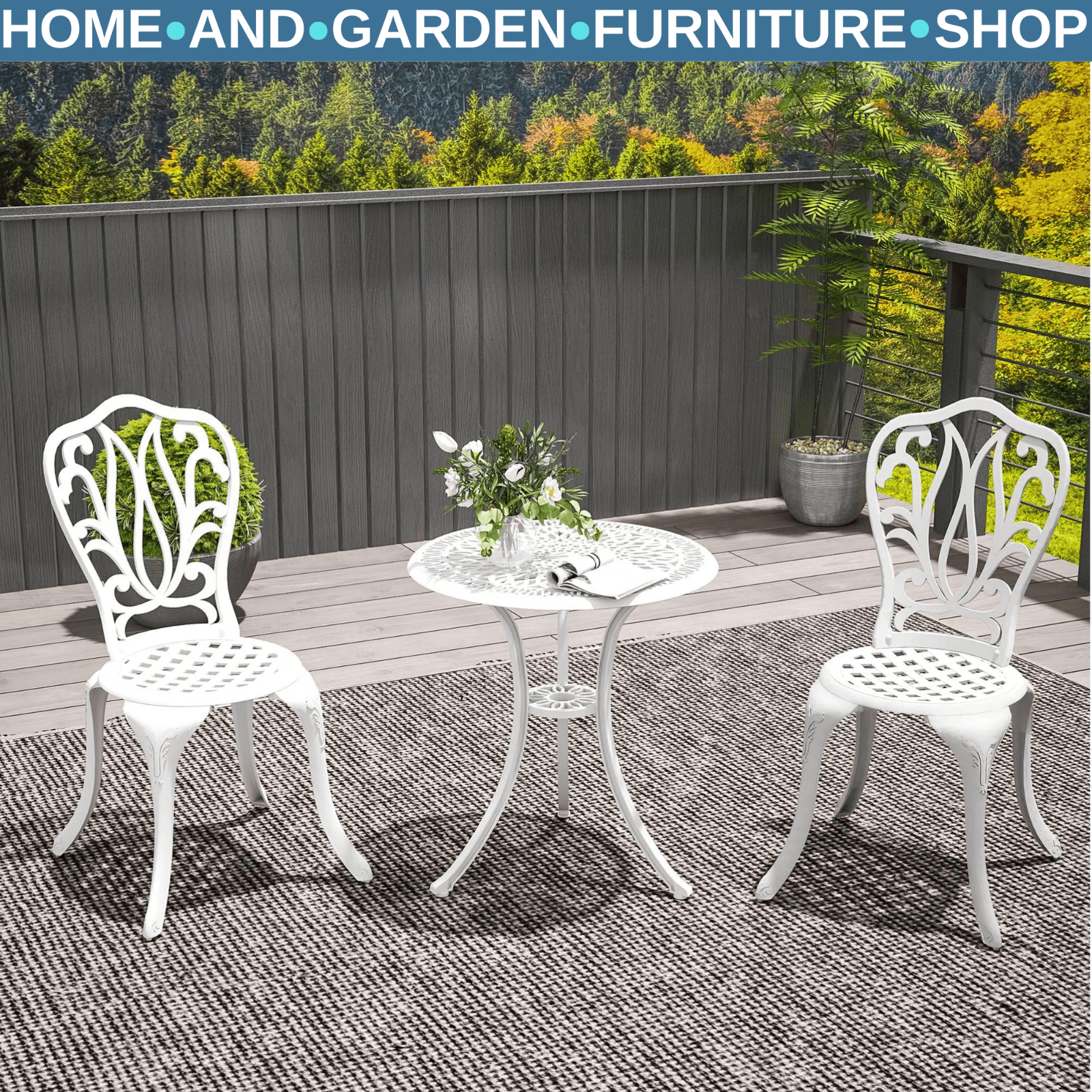 3 Piece Cast Aluminium Garden Bistro Set with Umbrella Hole Patio Balcony White - Home and Garden Furniture Shop - #rustic - furniture#