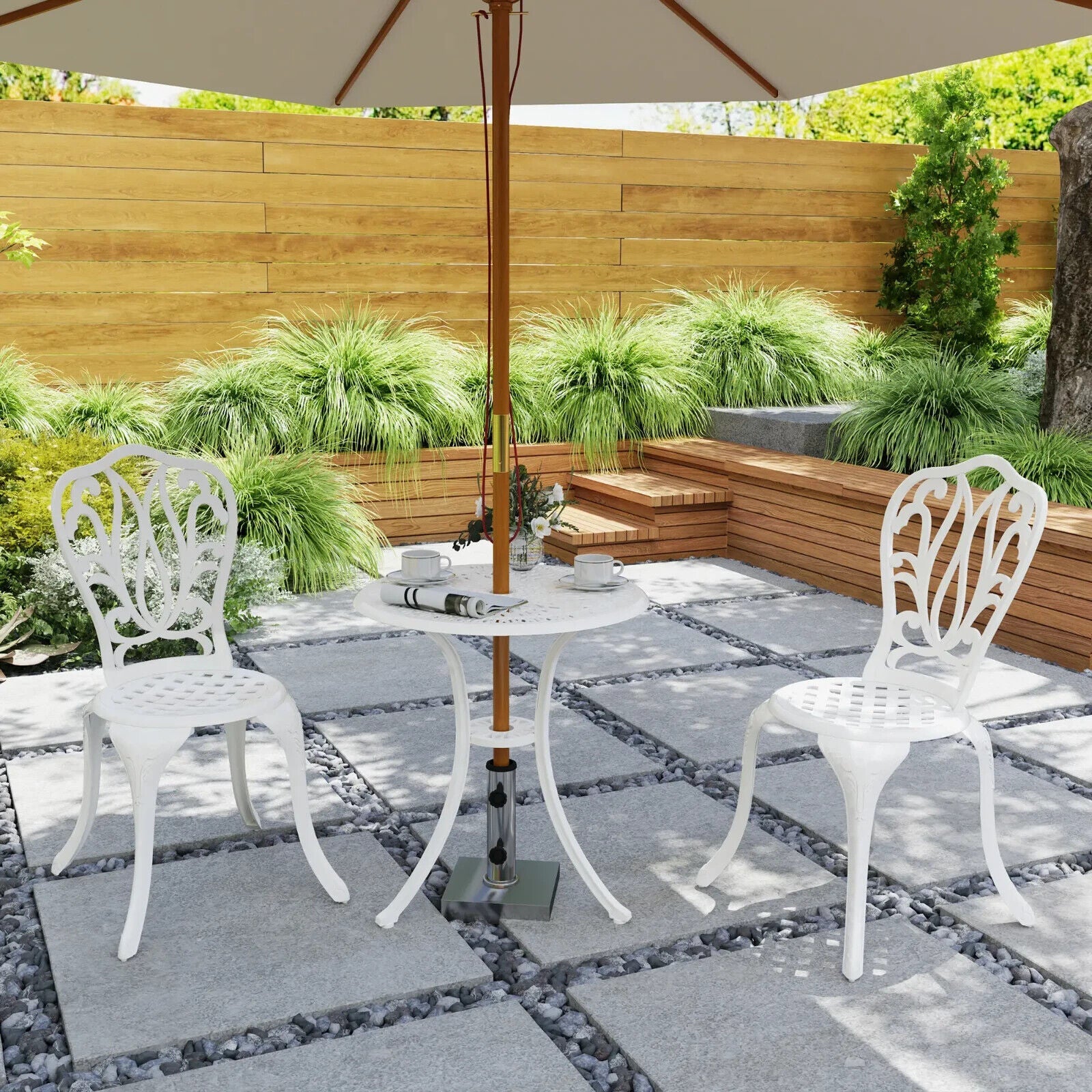 3 Piece Cast Aluminium Garden Bistro Set with Umbrella Hole Patio Balcony White - Home and Garden Furniture Shop - #rustic - furniture#