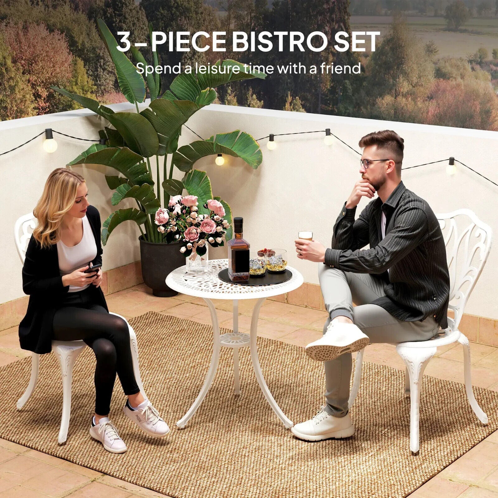 3 Piece Cast Aluminium Garden Bistro Set with Umbrella Hole Patio Balcony White - Home and Garden Furniture Shop - #rustic - furniture#