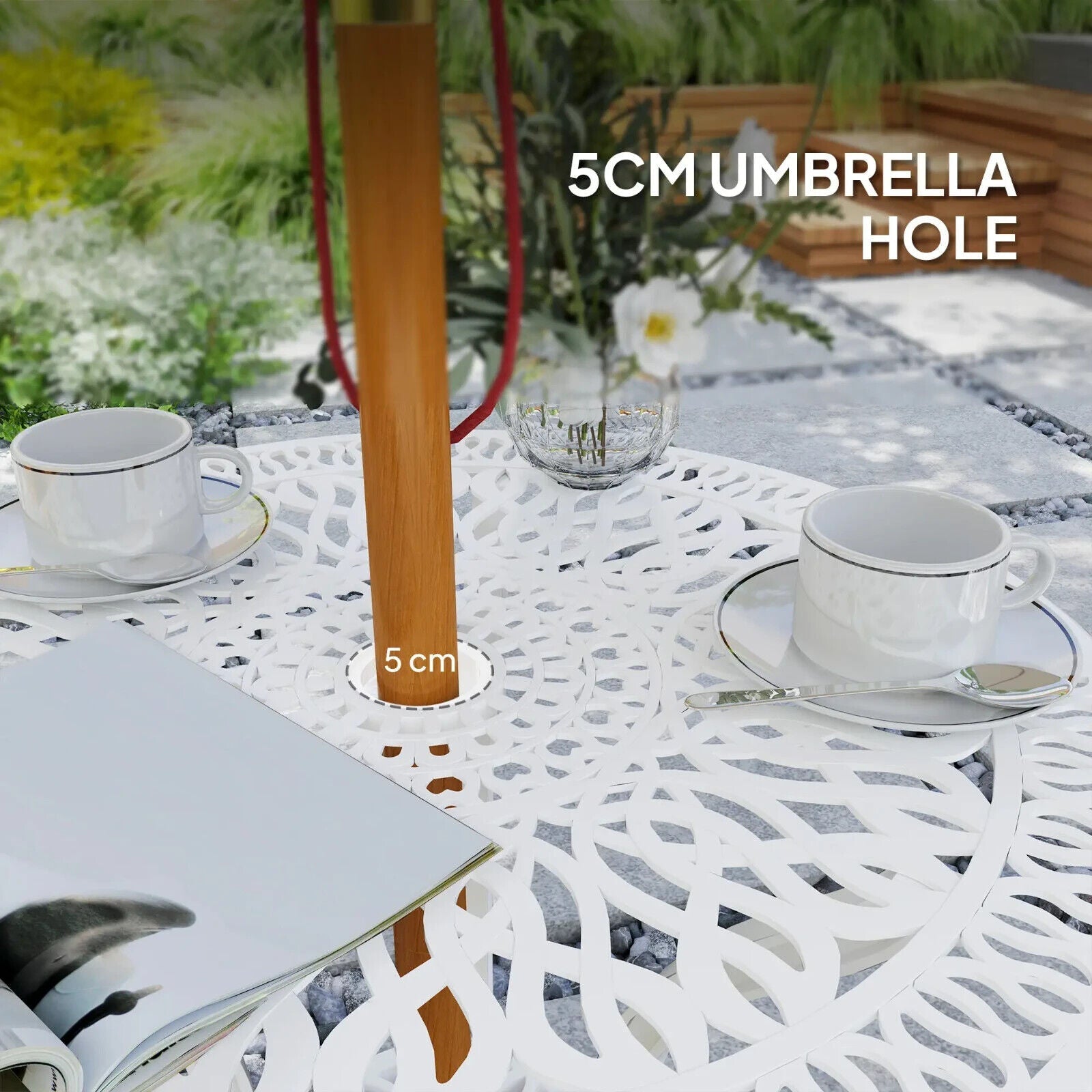 3 Piece Cast Aluminium Garden Bistro Set with Umbrella Hole Patio Balcony White - Home and Garden Furniture Shop - #rustic - furniture#