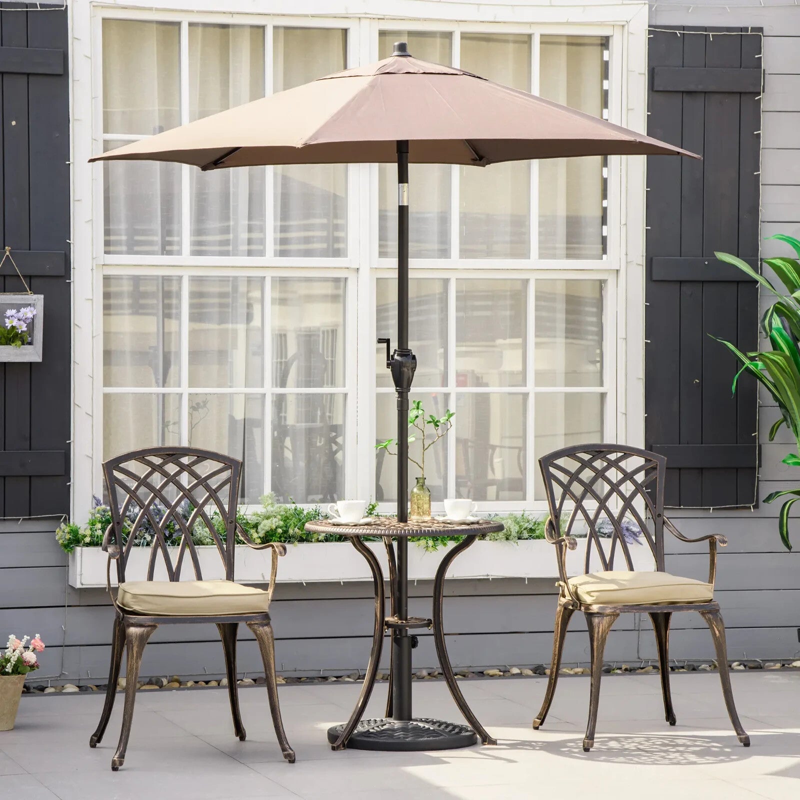 3 Piece Cast Aluminium Garden Outdoor Bistro Set with Parasol Hole and Cushions - Home and Garden Furniture Shop - rustic - furniture
