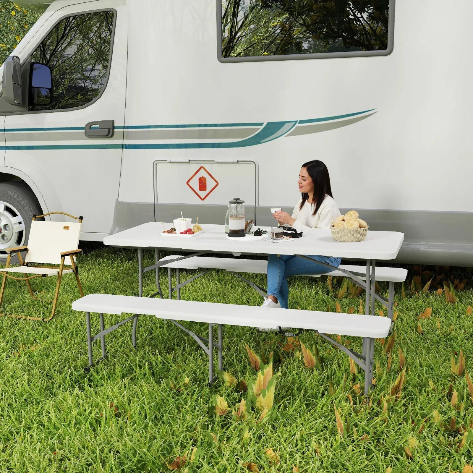 3 Piece Folding Picnic Table Bench Set Portable Camping Table with Chairs Handle - Home and Garden Furniture Shop - rustic - furniture