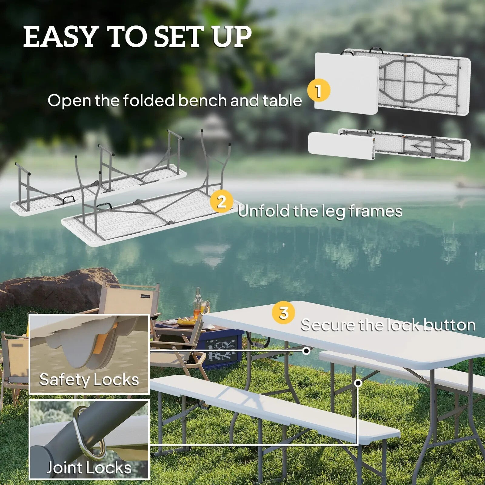 3 Piece Folding Picnic Table Bench Set Portable Camping Table with Chairs Handle - Home and Garden Furniture Shop - rustic - furniture