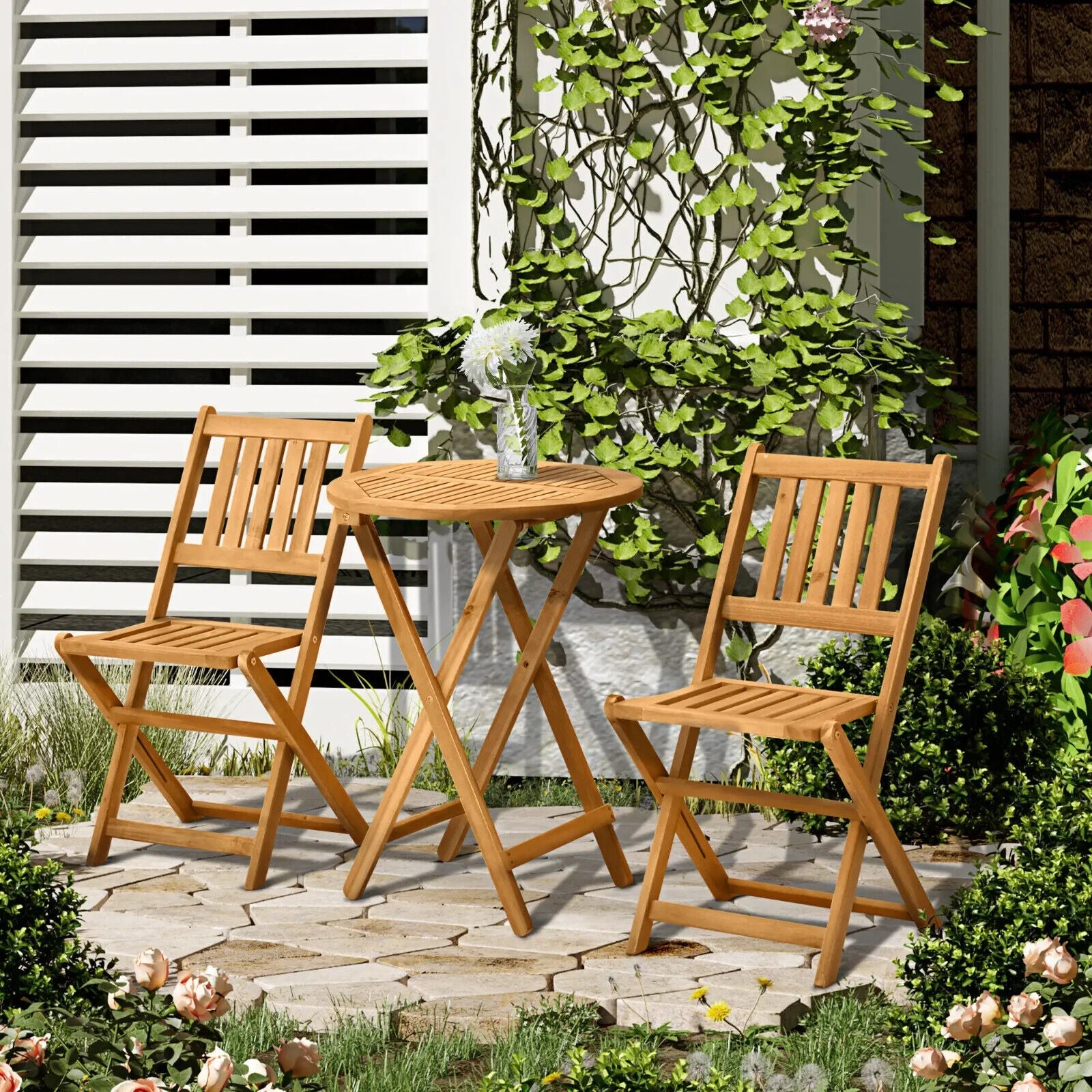 3 Piece Folding Wooden Bistro Set Garden Patio Table & Chairs Outdoor Teak Porch - Home and Garden Furniture Shop - #rustic - furniture#