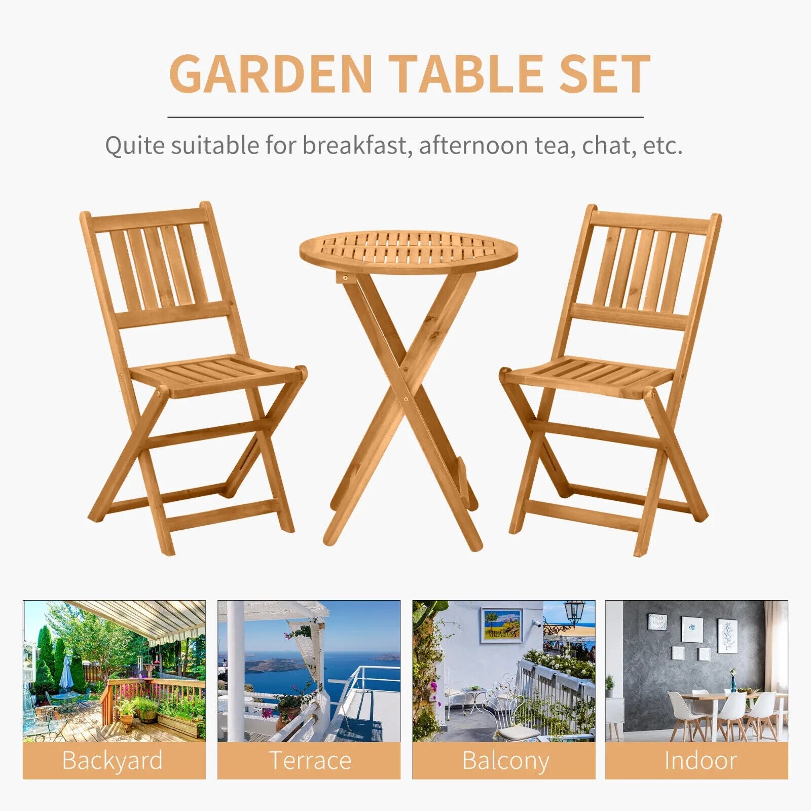3 Piece Folding Wooden Bistro Set Garden Patio Table & Chairs Outdoor Teak Porch - Home and Garden Furniture Shop - #rustic - furniture#