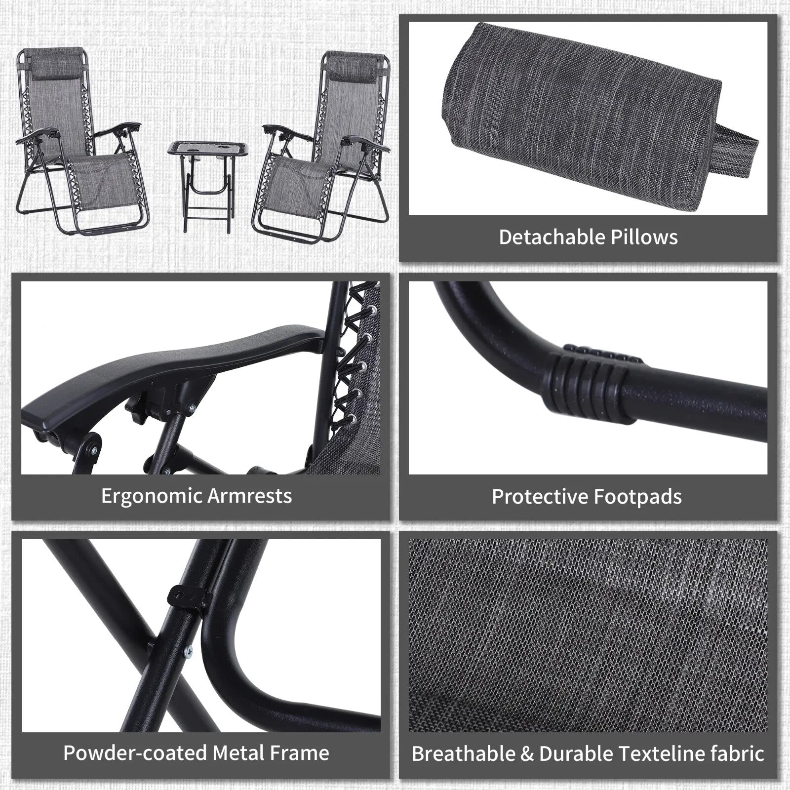 3 Piece Folding Zero Gravity Chairs & Table Set With Cup Holder Sun Lounger Grey - Home and Garden Furniture Shop - rustic - furniture