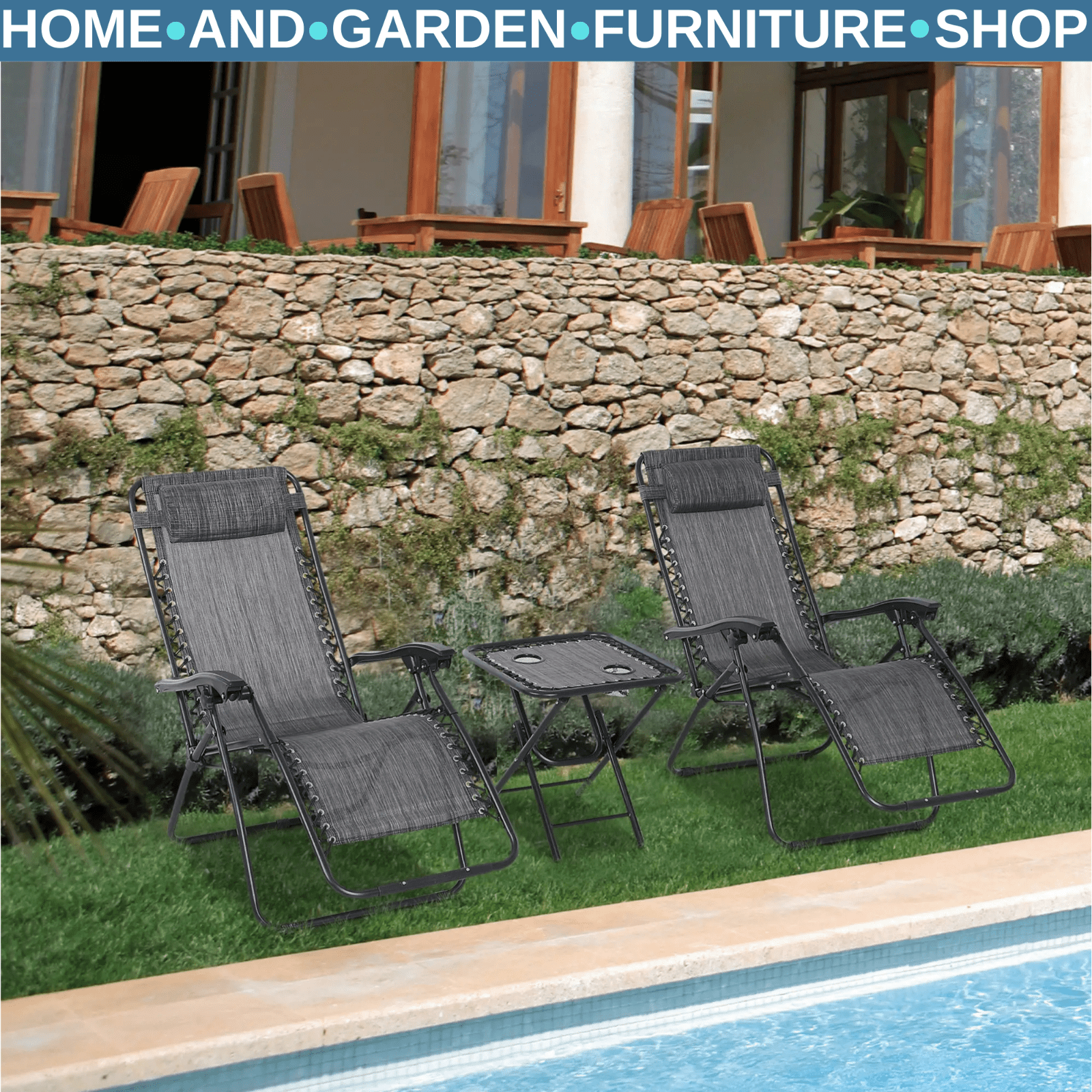 3 Piece Folding Zero Gravity Chairs & Table Set With Cup Holder Sun Lounger Grey - Home and Garden Furniture Shop - rustic - furniture