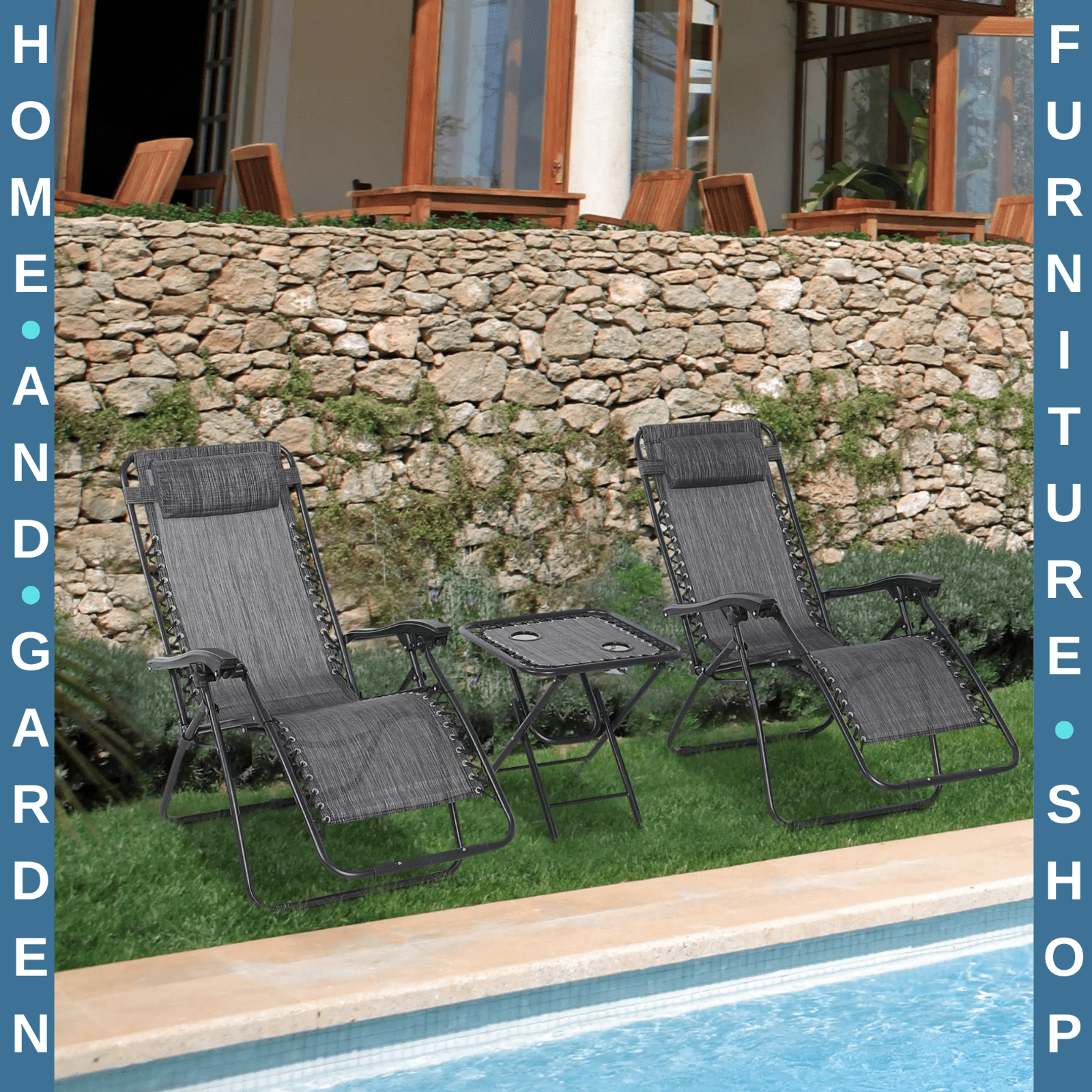 3 Piece Folding Zero Gravity Chairs & Table Set With Cup Holder Sun Lounger Grey - Home and Garden Furniture Shop - rustic - furniture
