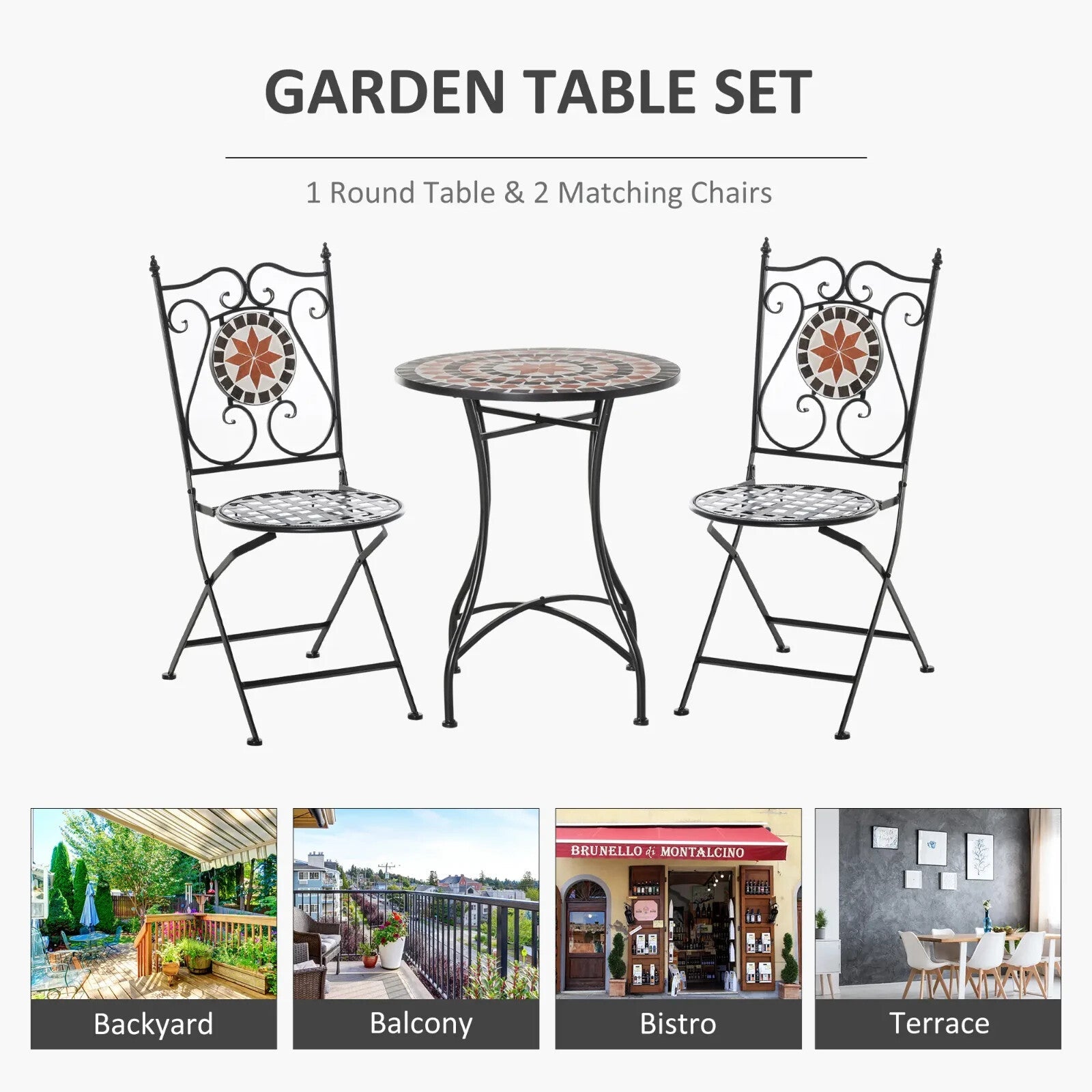 3 - Piece Garden Bistro Set Ceramic Tile Round Table & 2 Foldable Chairs Black - Home and Garden Furniture Shop - rustic - furniture