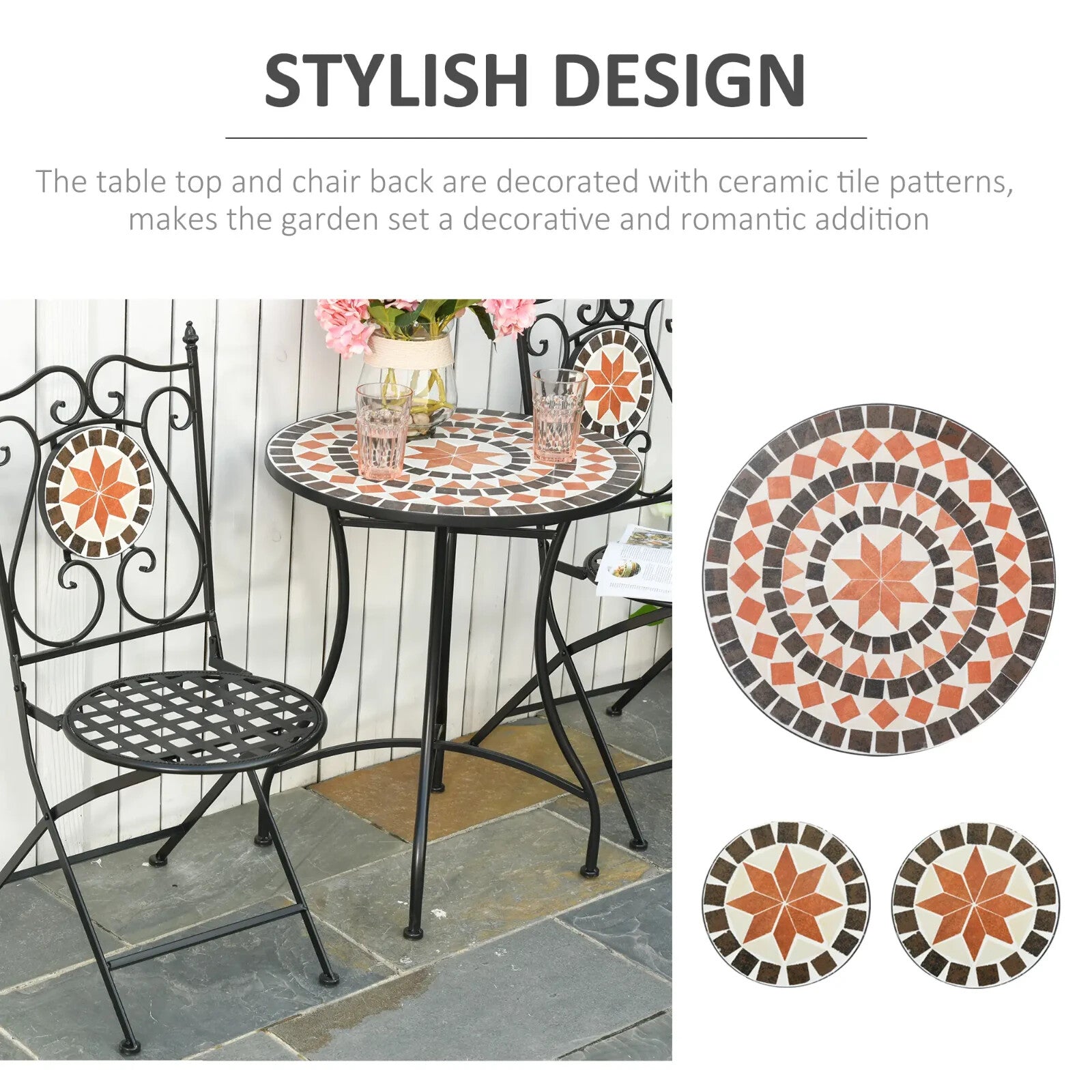 3 - Piece Garden Bistro Set Ceramic Tile Round Table & 2 Foldable Chairs Black - Home and Garden Furniture Shop - rustic - furniture